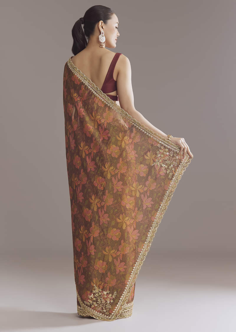Brown Printed Tissue Lurex Saree With Zari Mirror And Cutdana Embroidery
