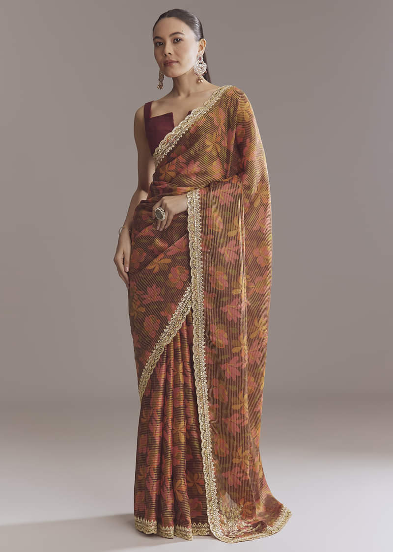 Brown Printed Tissue Lurex Saree With Zari Mirror And Cutdana Embroidery