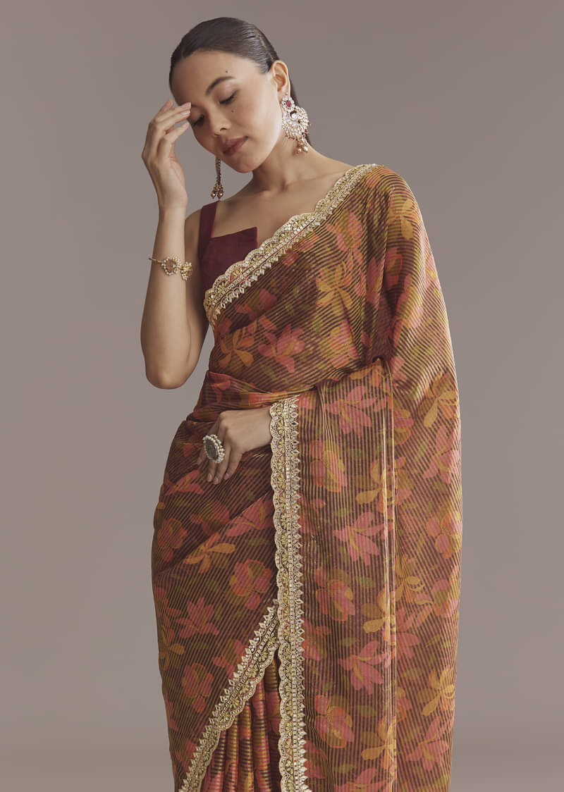 Brown Printed Tissue Lurex Saree With Zari Mirror And Cutdana Embroidery
