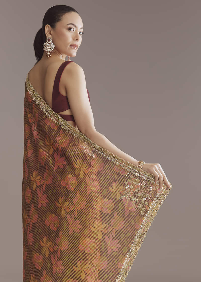 Brown Printed Tissue Lurex Saree With Zari Mirror And Cutdana Embroidery