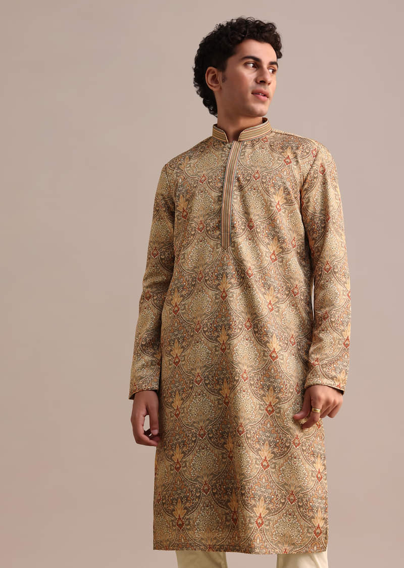 Brown Satin Printed Kurta Set For Men