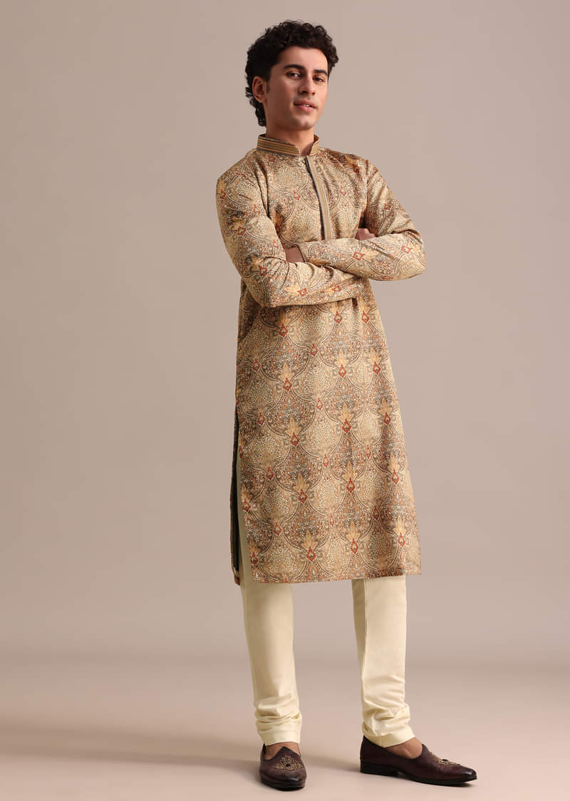 Brown Satin Printed Kurta Set For Men