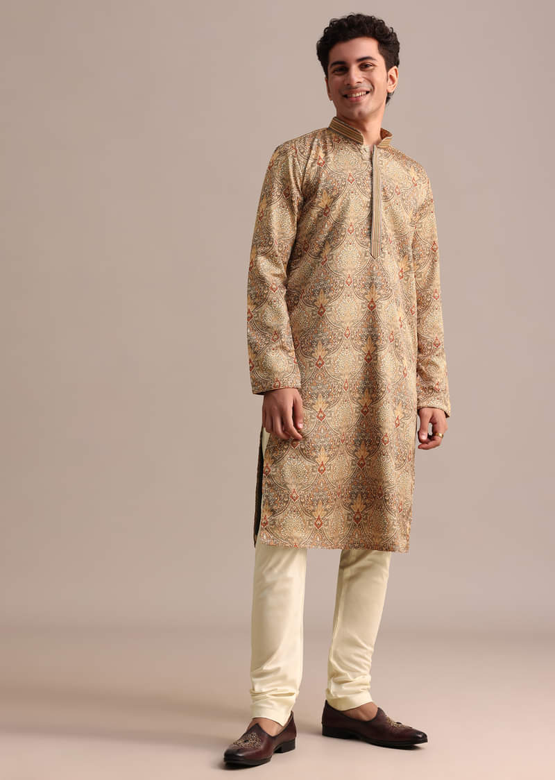 Brown Satin Printed Kurta Set For Men