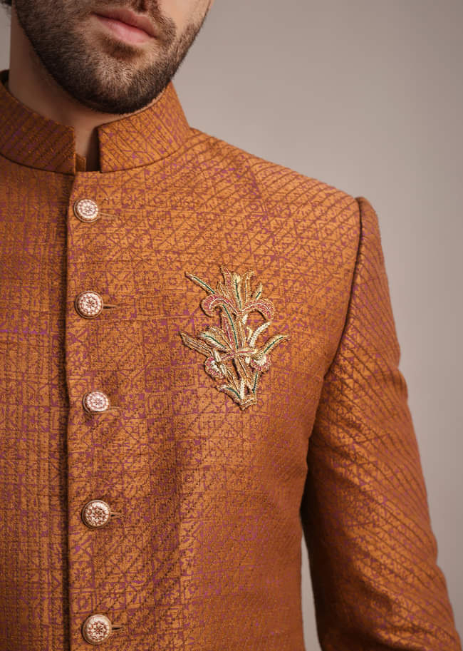 Brown Zari Embroidered Sherwani Suit With Mandarin Collar