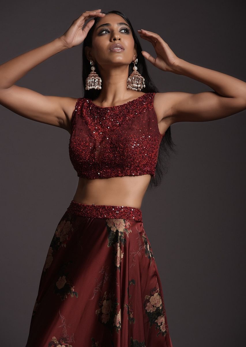 Buy Burgundy Skirt In Satin With Floral Print And Sequins Embellished Crop Top With Illusion Neckline Online Kalki Fashion