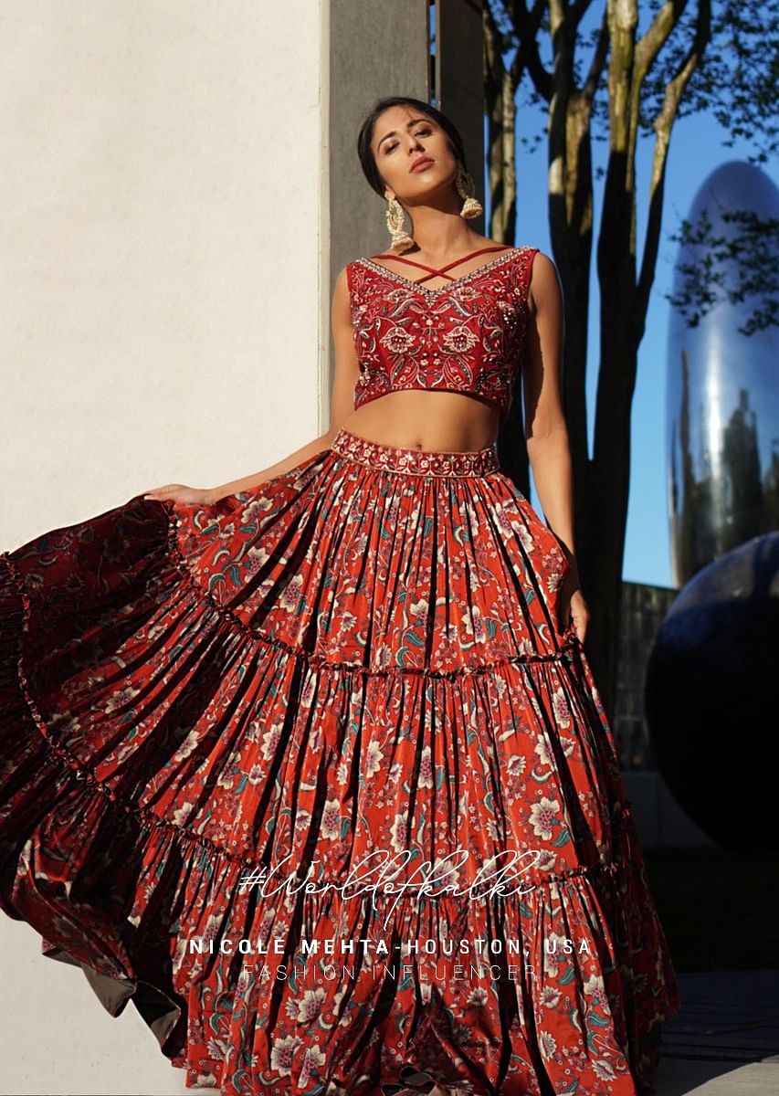 Buy Burgundy Tiered Skirt With Floral Print And A Resham Embroidered Crop Top With Criss Cross Straps KALKI Fashion India
