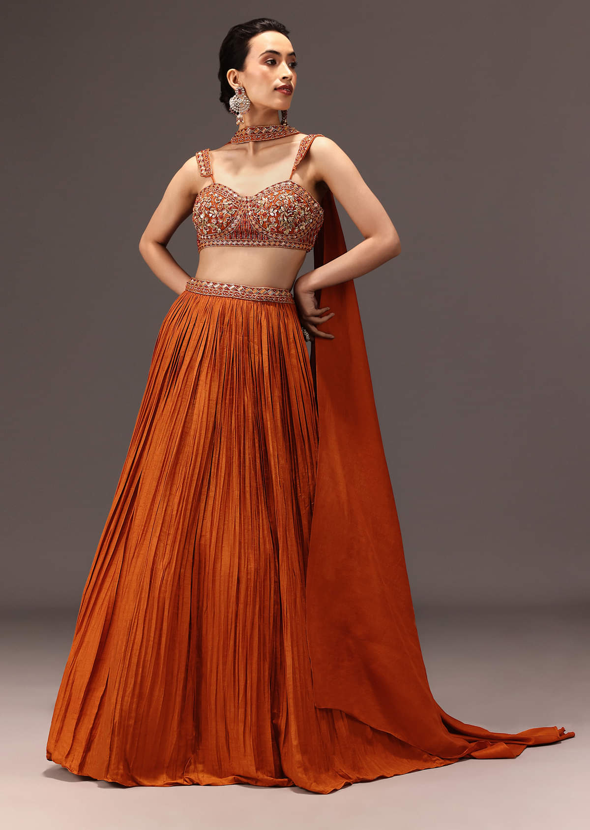 Burnt Rust Organza Hand Embellished Ruched Lehenga Set With Choker Dupatta