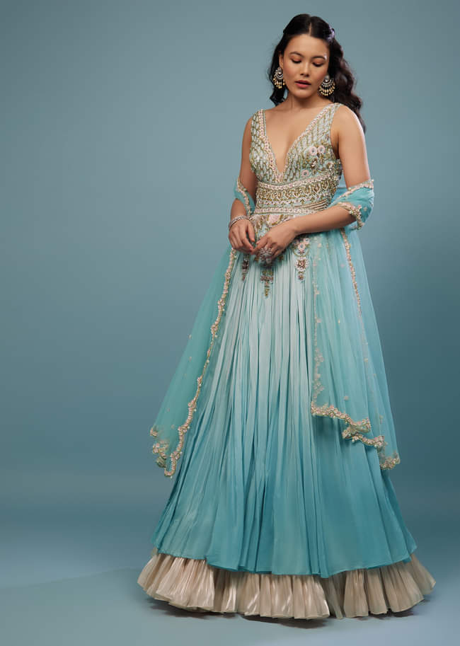 Mint Blue Embroidered Anarkali Suit In Crepe