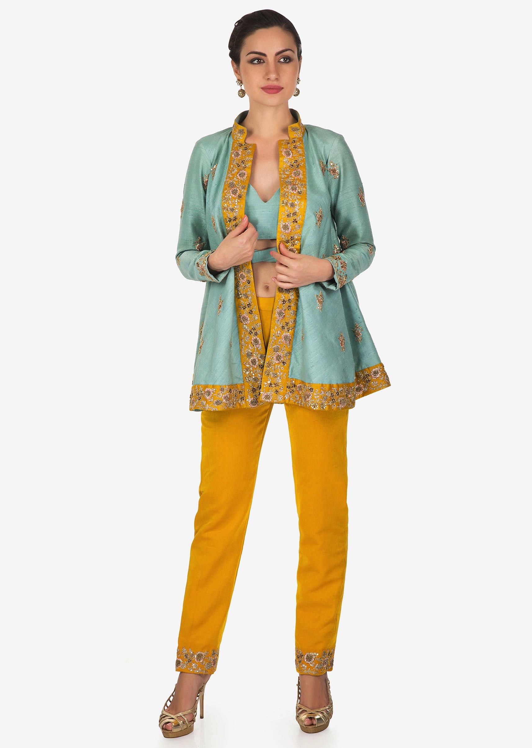 Canary Yellow and Blue Top Jacket and Cigarette Pants Set Featuring Zari Work KALKI Fashion India