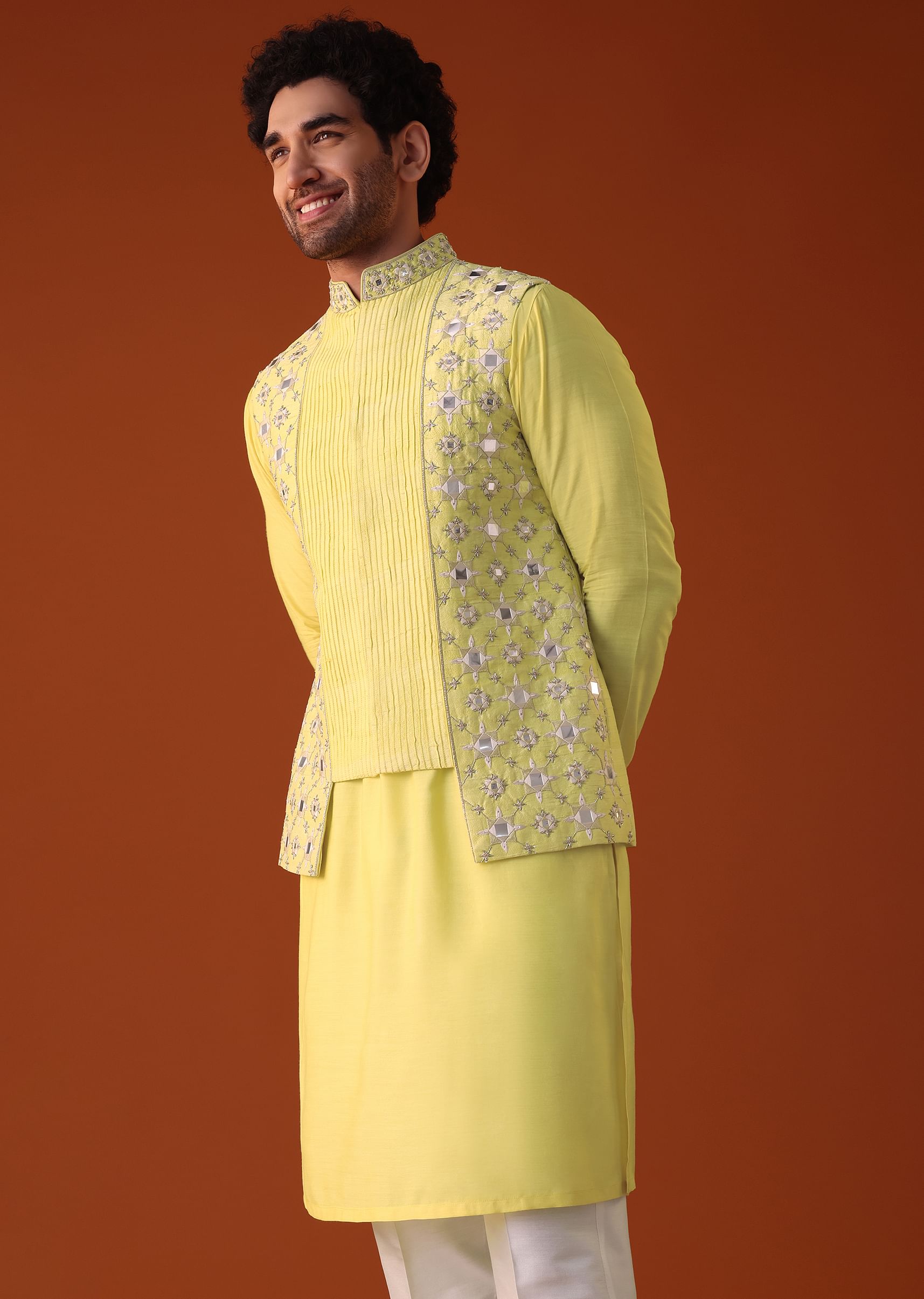 Buy Canary Yellow Embroidered Jacket Kurta Set In Silk