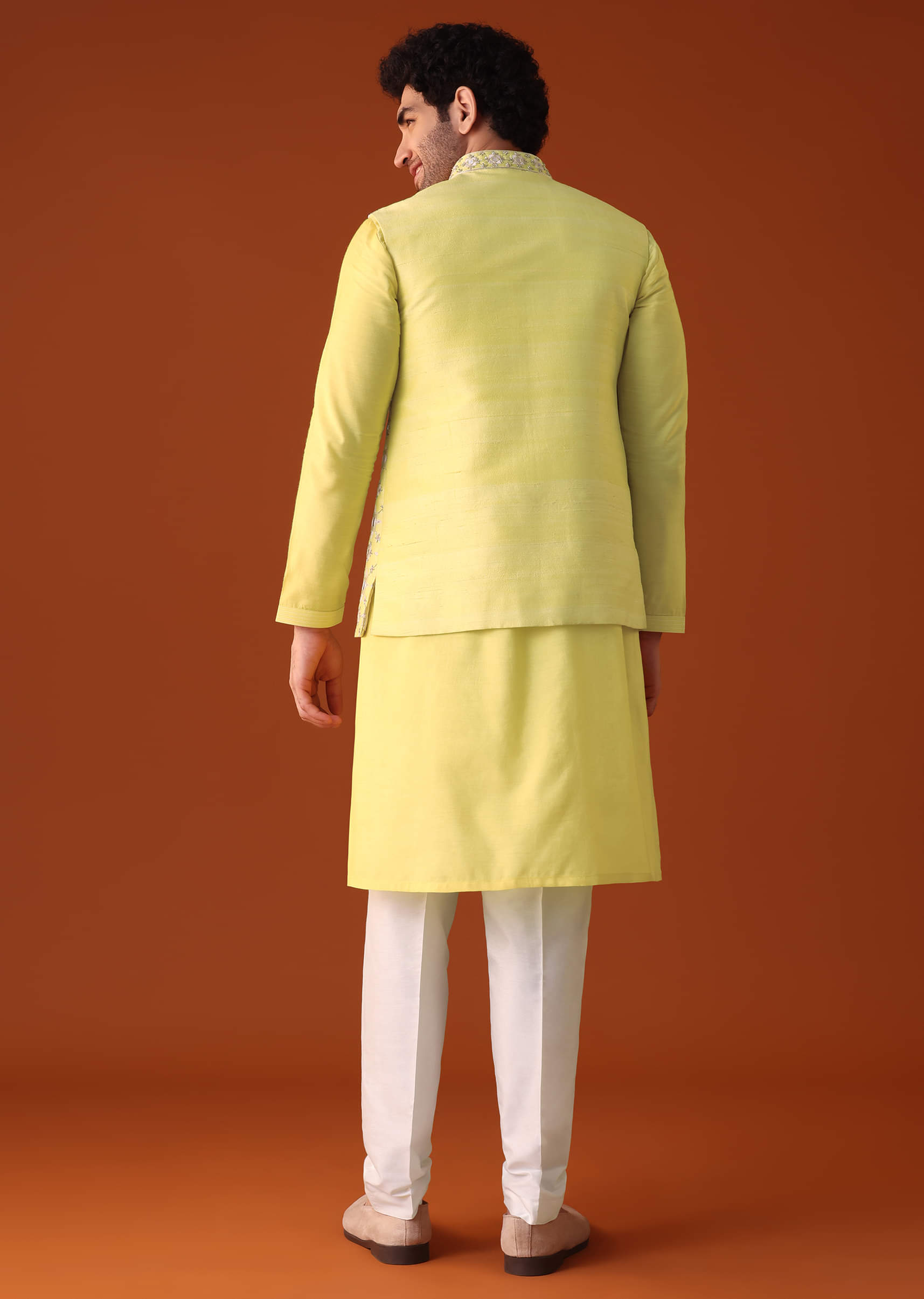 Buy Canary Yellow Embroidered Jacket Kurta Set In Silk
