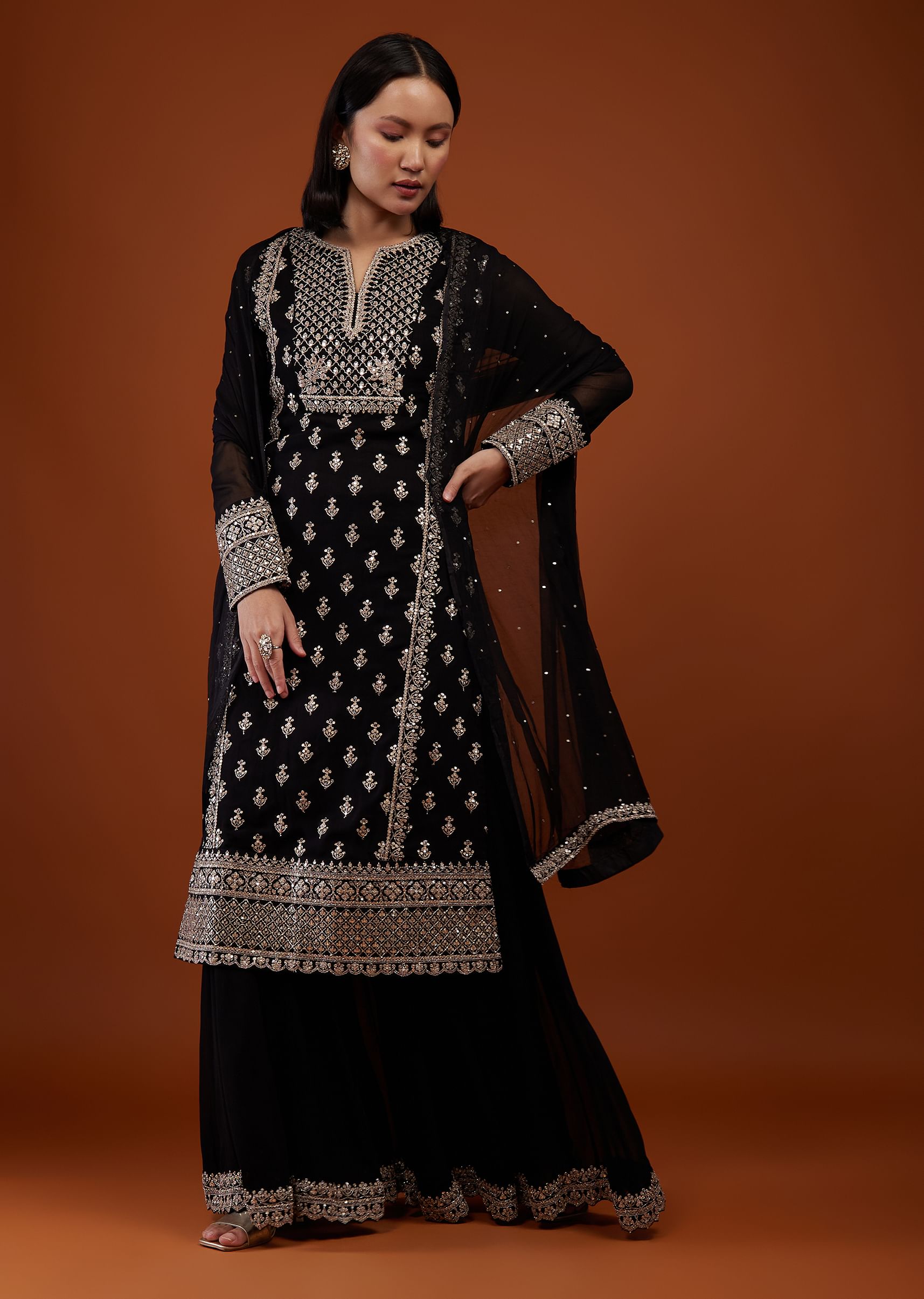 Buy Black Georgette Palazzo Suit with Embroidery KALKI Fashion India