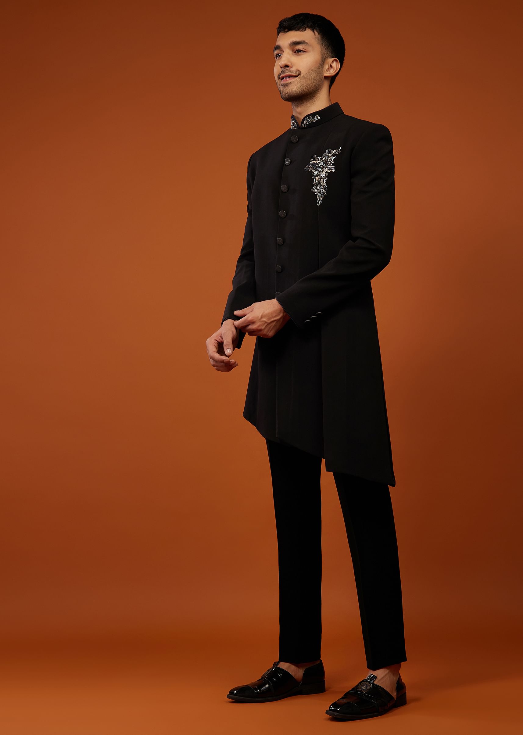Buy Caviar Black Indo Western Sherwani Set Embroidered In Imported Suiting Fabric KALKI Fashion India