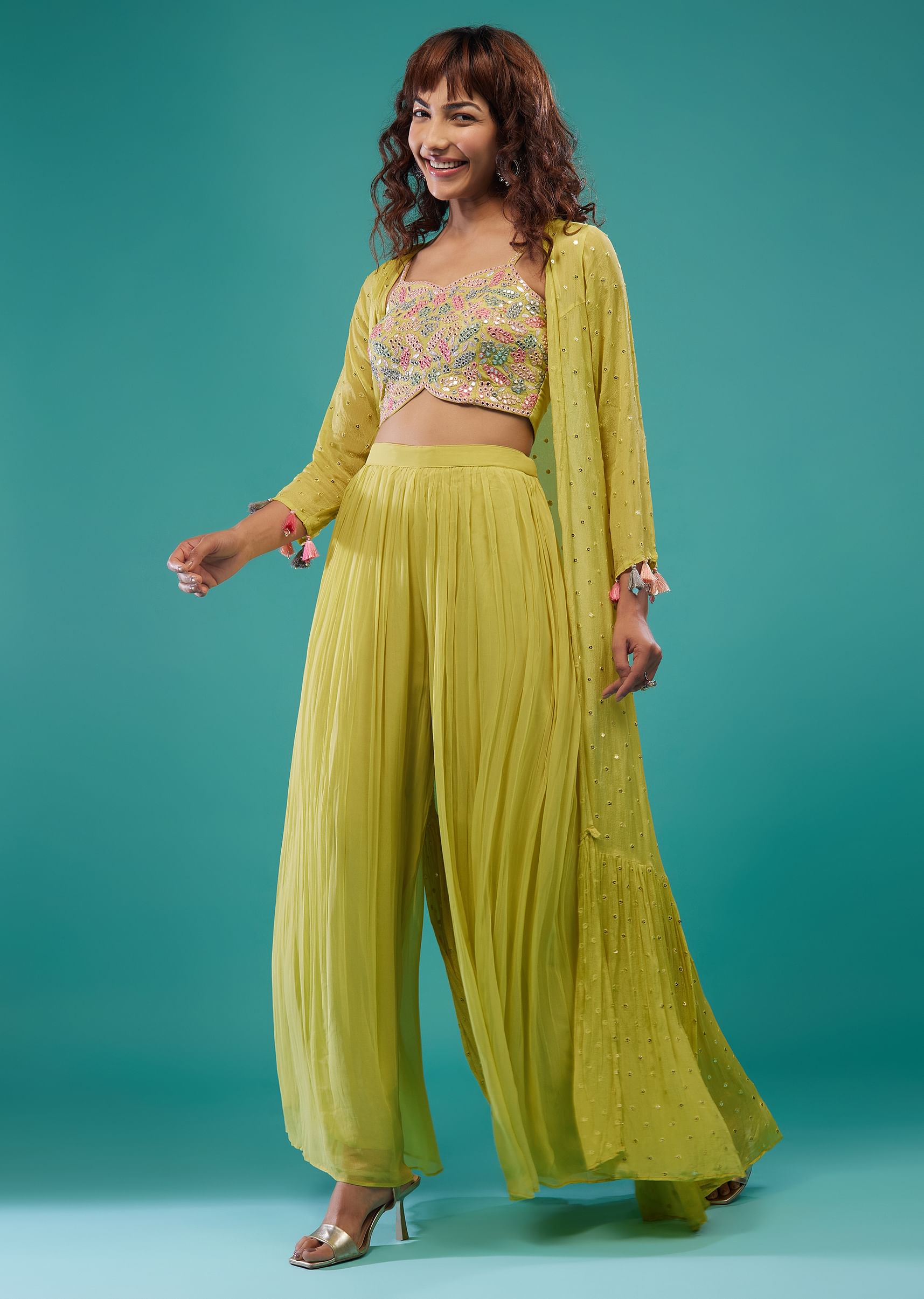Buy Lime Green Georgette Palazzo Crop Top Set Online
