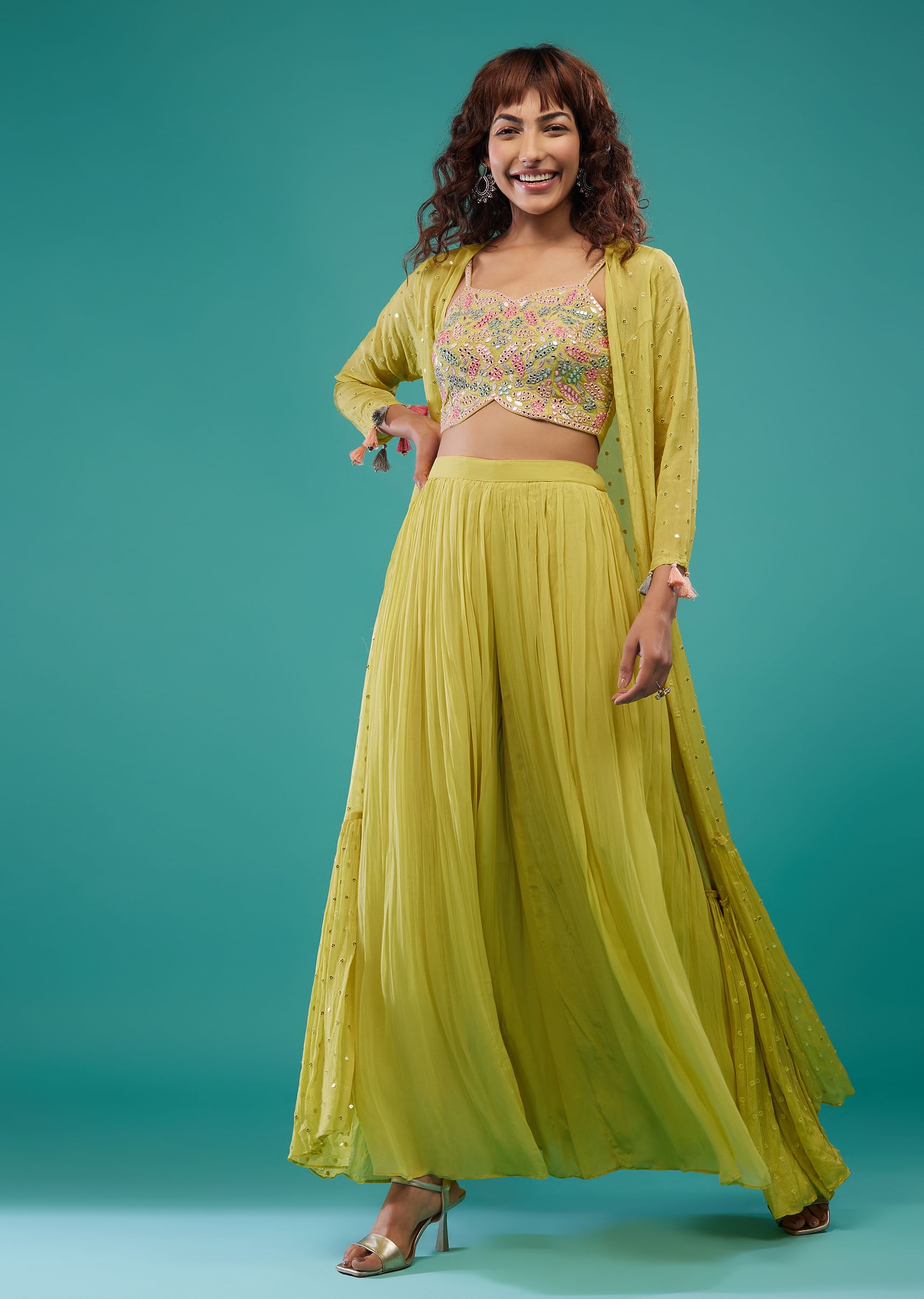 Buy Lime Green Georgette Palazzo Crop Top Set Online