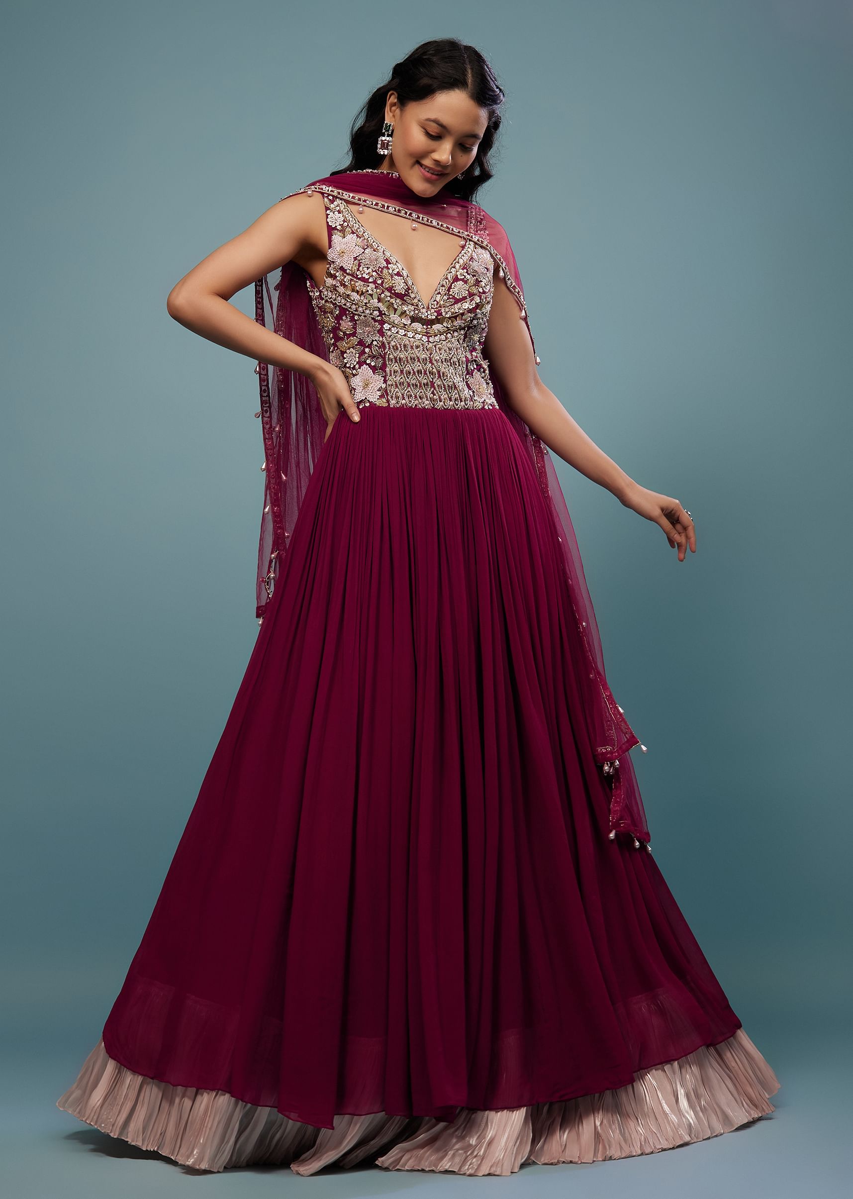 Buy Wine Red Embroidered Anarkali Suit In Viscose Georgette KALKI Fashion India