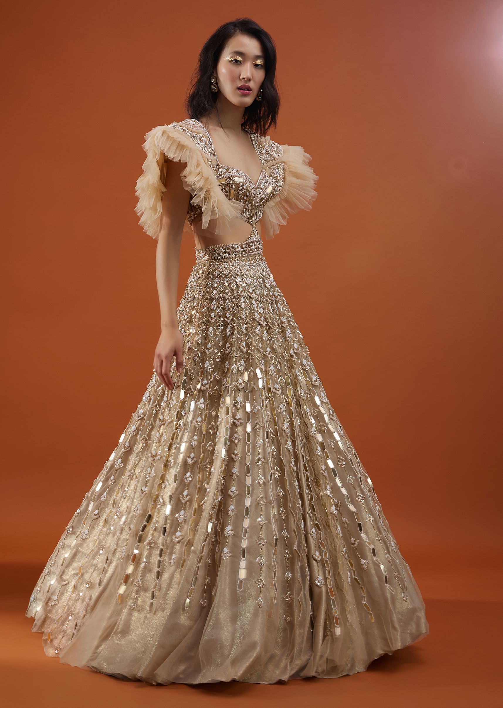 Buy Champagne Gold Angelic Net Gown With Mirror Work And Ruffle Sleeves NOOR 2022