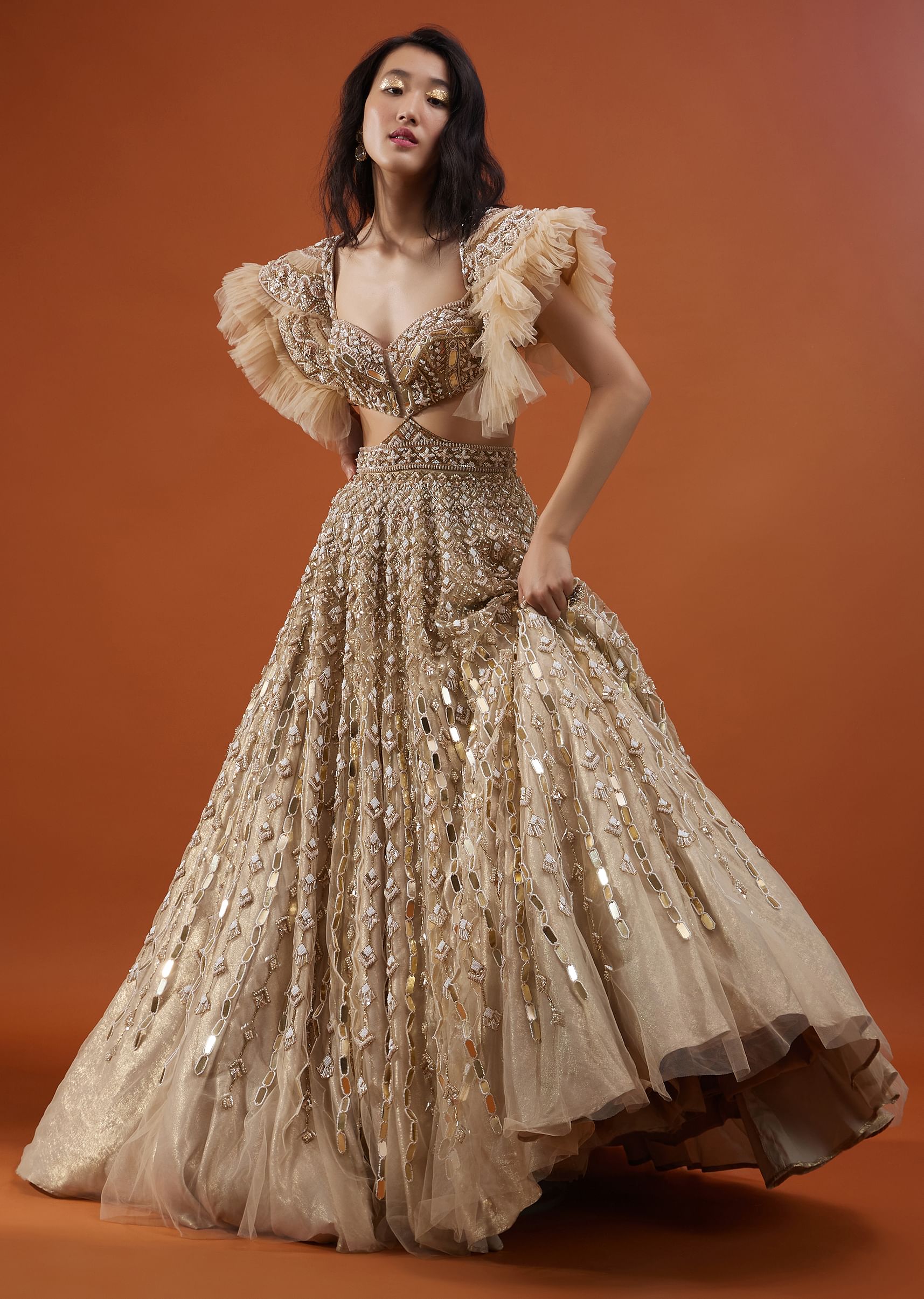 Gold ruffle dress best sale