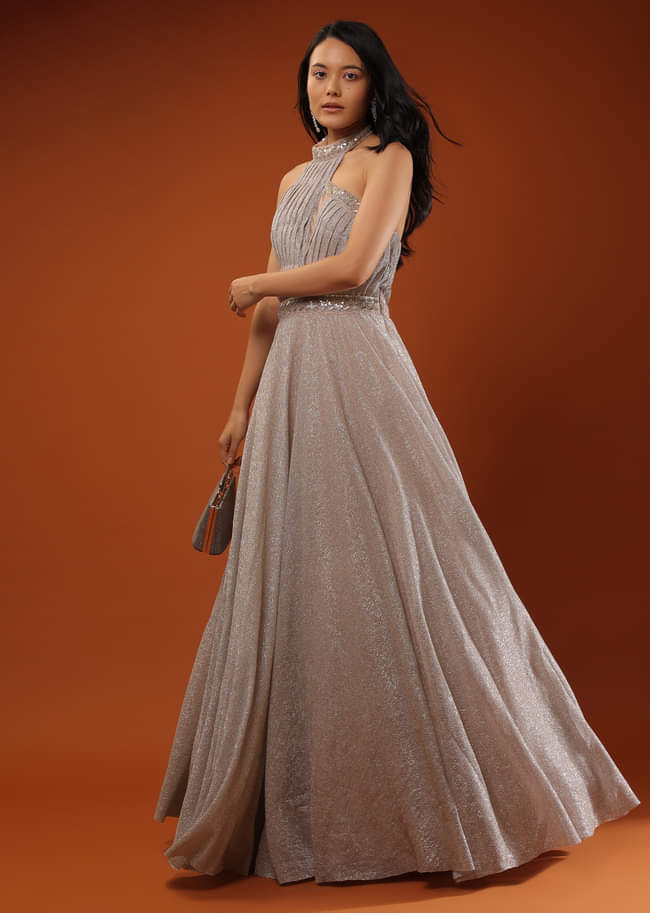 Champagne Gown In Shimmer Crush With Halter Neckline And Pleated Bodice Featuring Sheer Cut Out