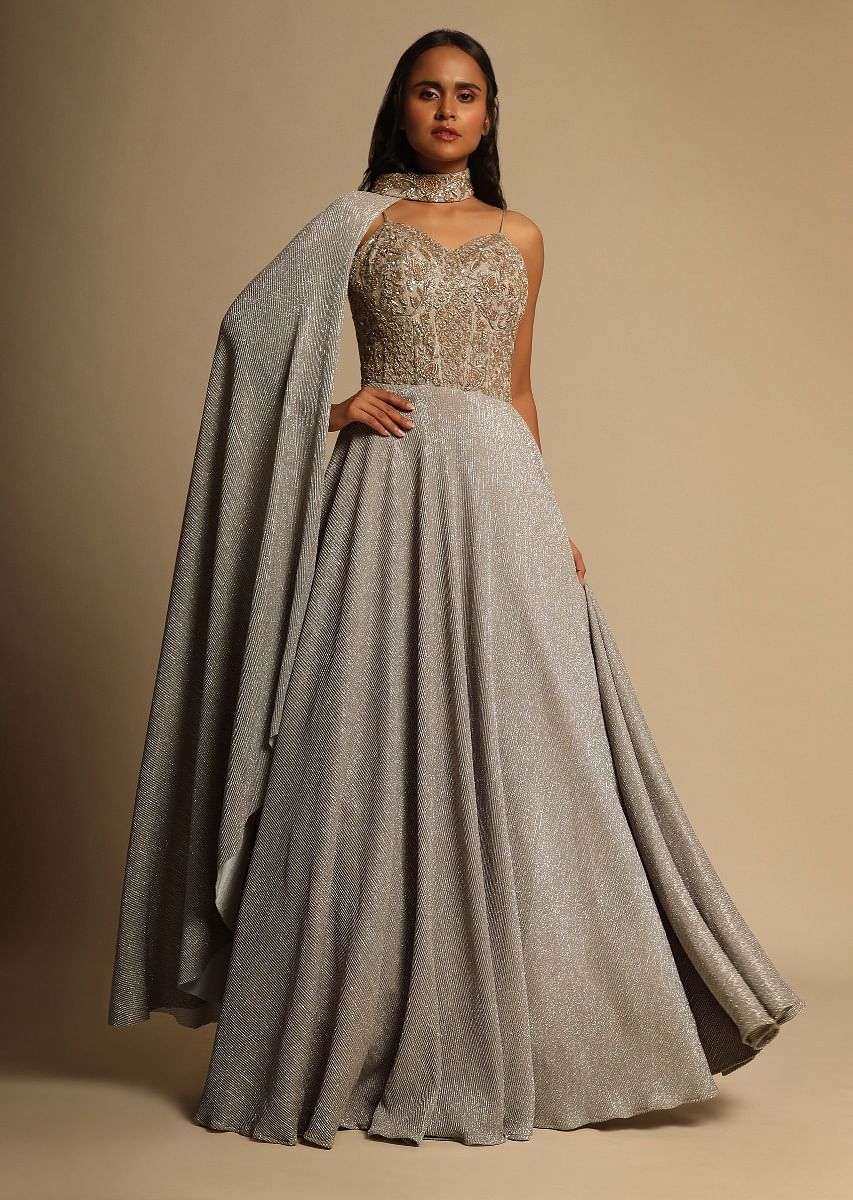 Buy Champagne Gown With Embellished Sweetheart Cut Bodice And Spaghetti Straps KALKI Fashion Global