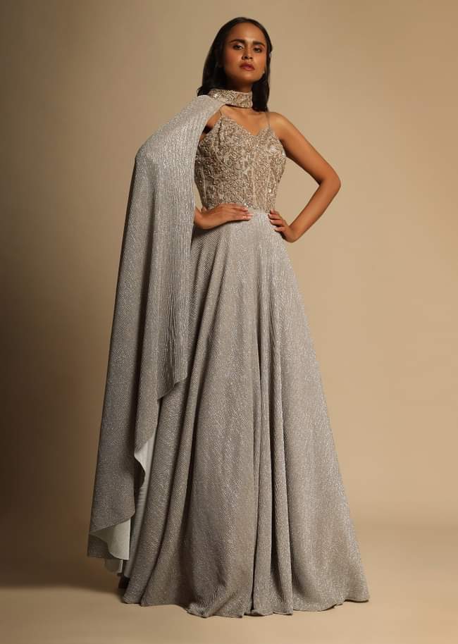 Champagne Gown With Embellished Sweetheart Cut Bodice And Spaghetti Straps Online - Kalki Fashion