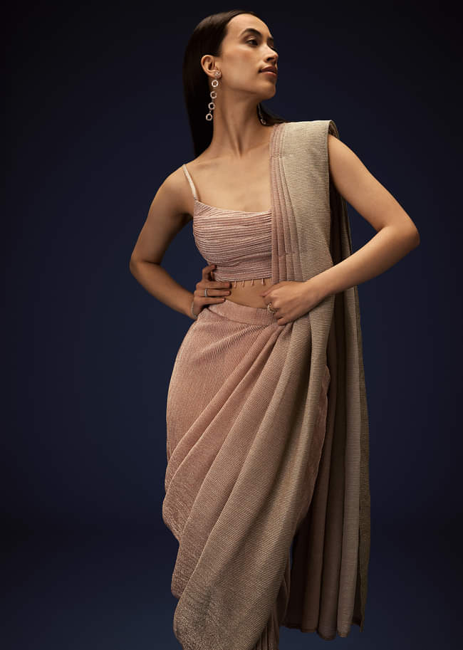 Champagne Ombre Ready To Wear Saree With Pleated Saree