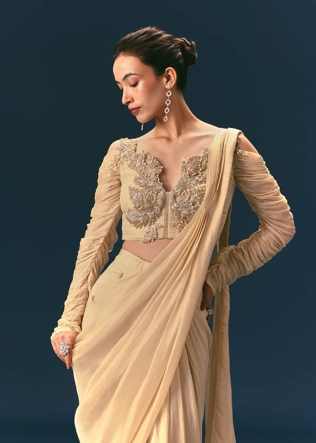 Champagne Peach Embroidered Readymade Saree With 3D Applique Blouse