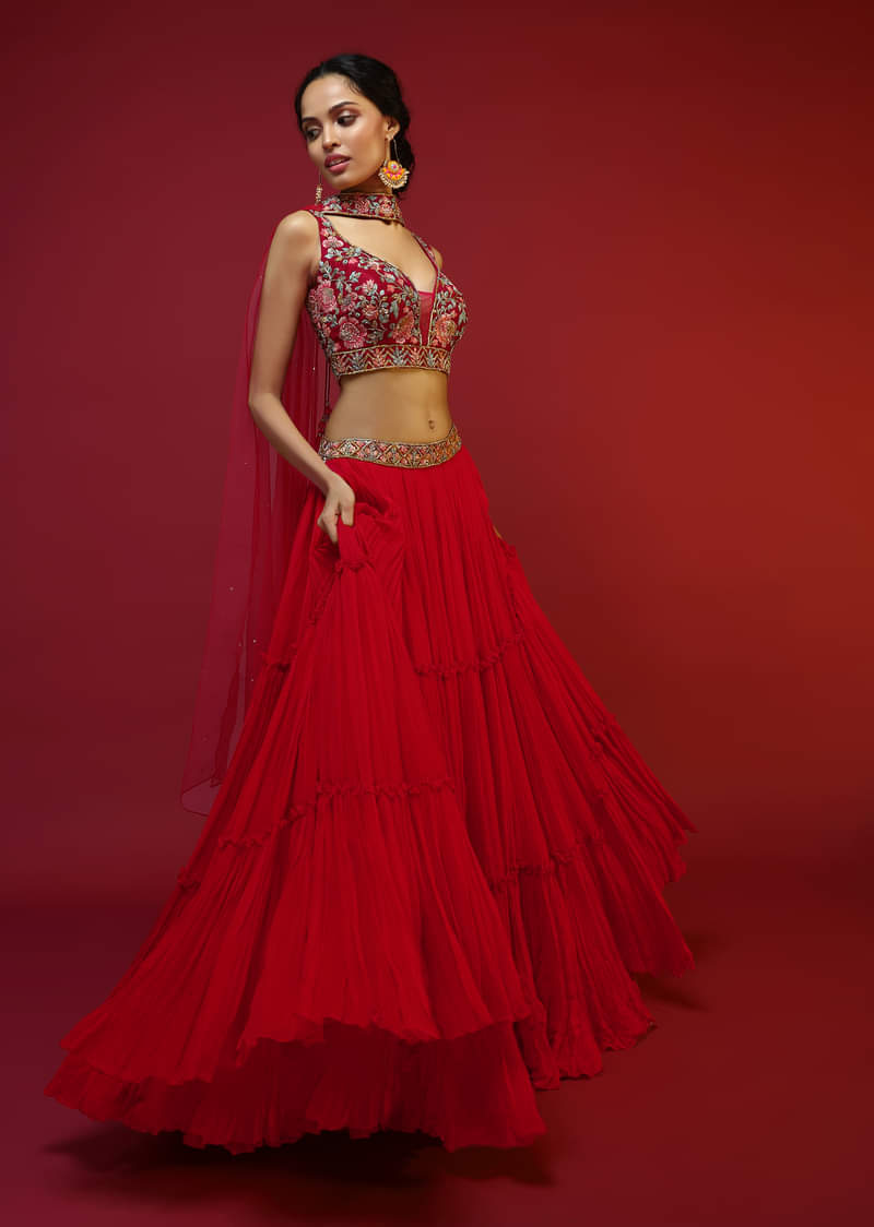 Cherry Red Gathered Lehenga Choli With Hand Embroidered Multi Colored Resham And Sequins Work In Floral Jaal Design 
