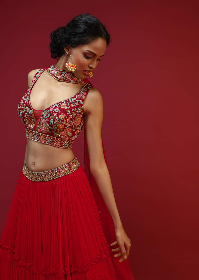 Cherry Red Gathered Lehenga Choli With Hand Embroidered Multi Colored Resham And Sequins Work In Floral Jaal Design 