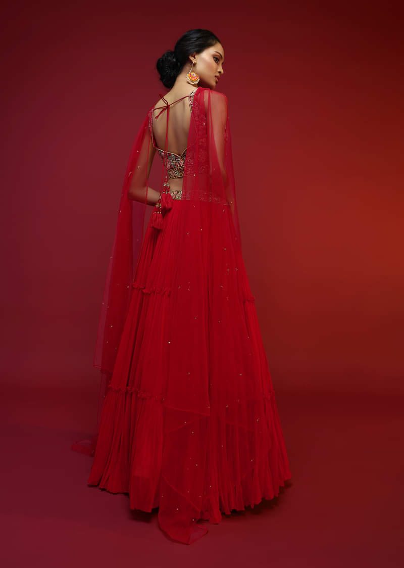 Cherry Red Gathered Lehenga Choli With Hand Embroidered Multi Colored Resham And Sequins Work In Floral Jaal Design 