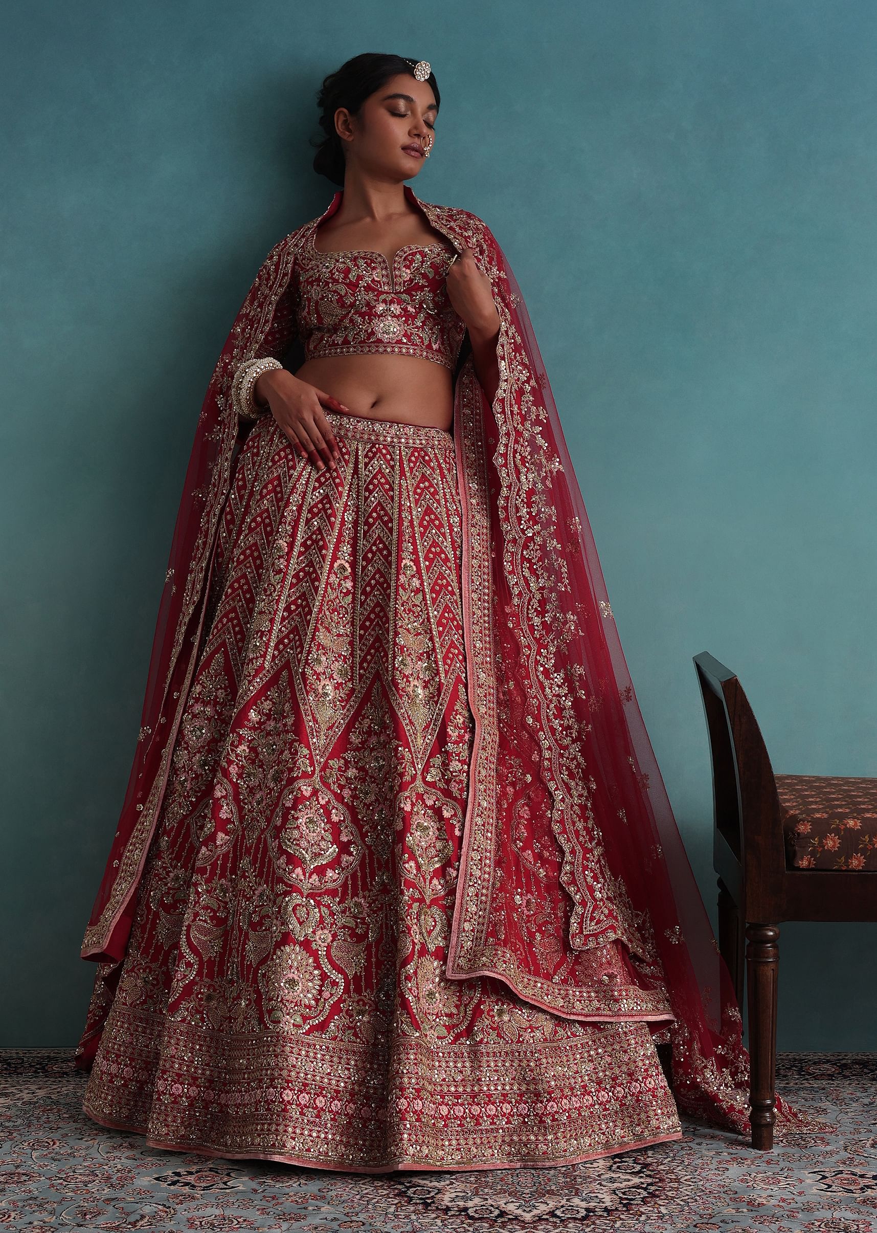 Buy Cherry Red Raw Silk Lehenga Set with Two Dupattas and Resham Embroidery KALKI Fashion India