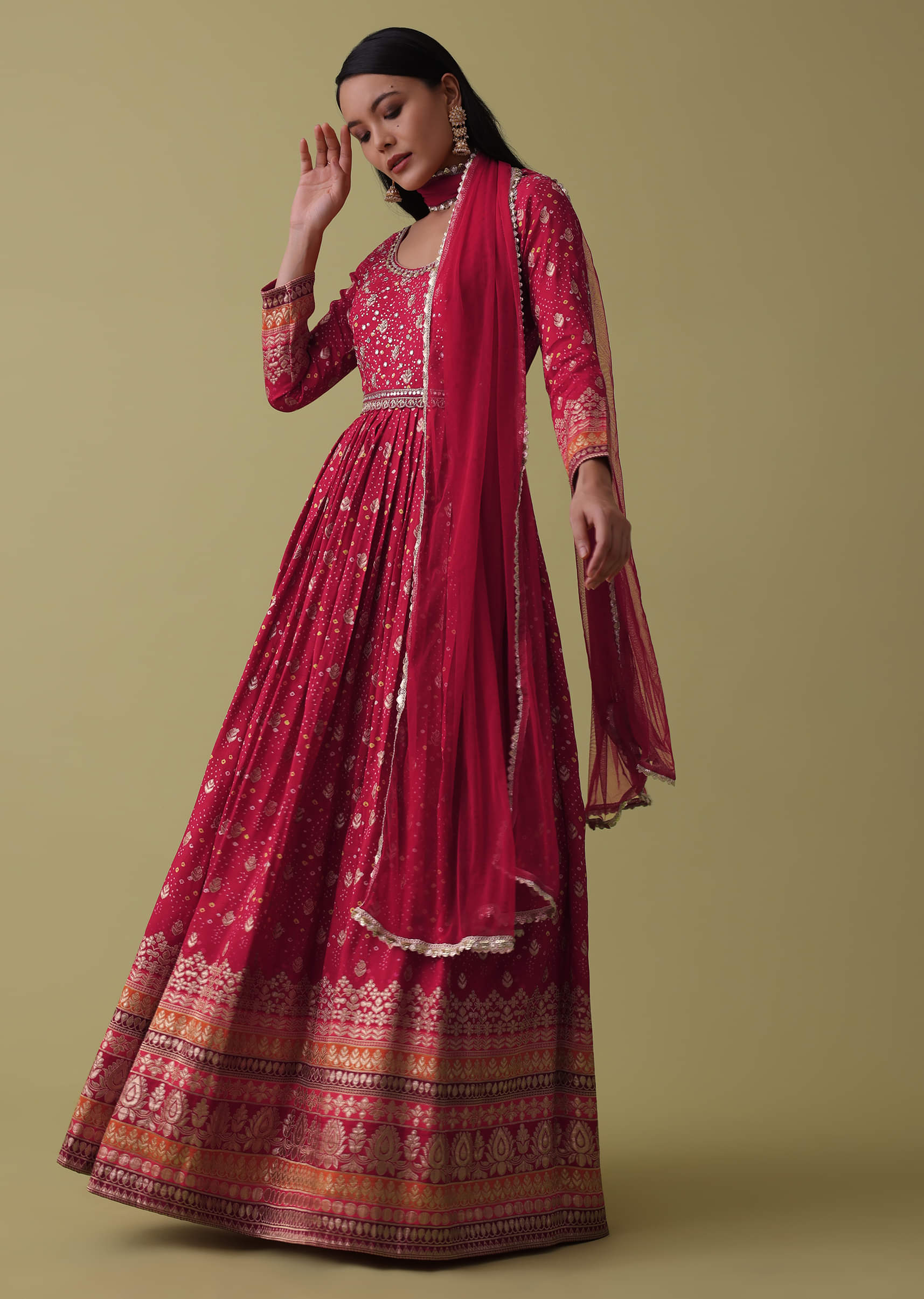Buy Cherry Red Anarkali Suit Set In Silk With Bandhani Print