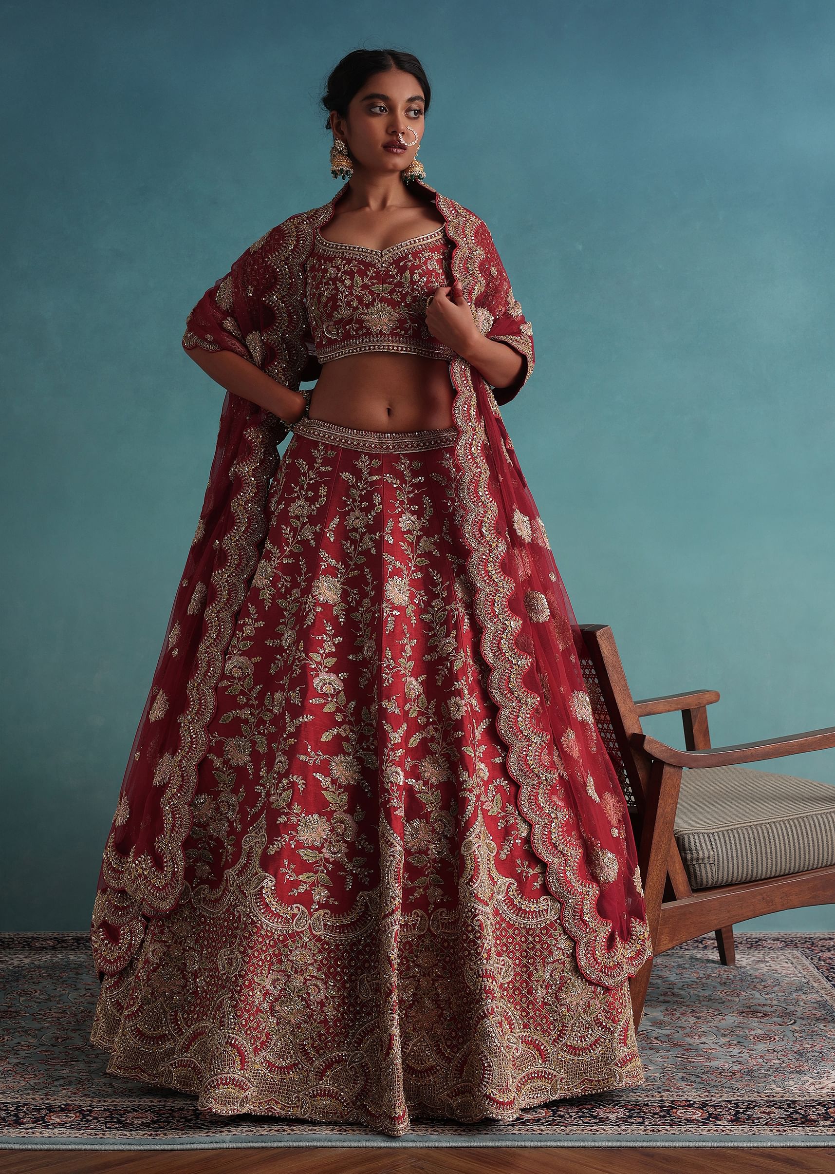 Buy Cherry Red Raw Silk Lehenga Set with Resham Embroidery KALKI Fashion India