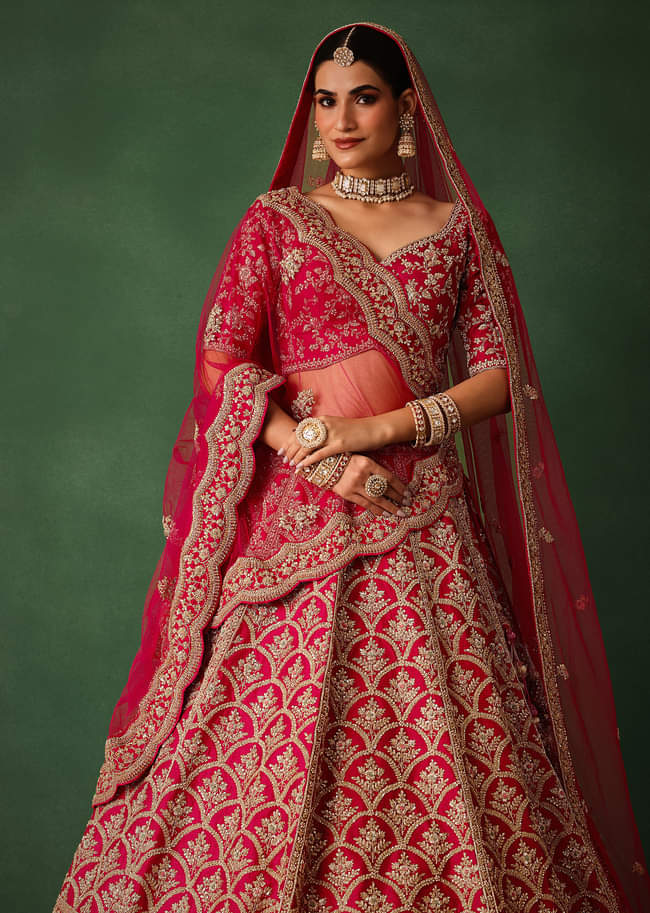 Cherry Red Raw Silk Hand Embroidered Lehenga Set With Net Dupatta