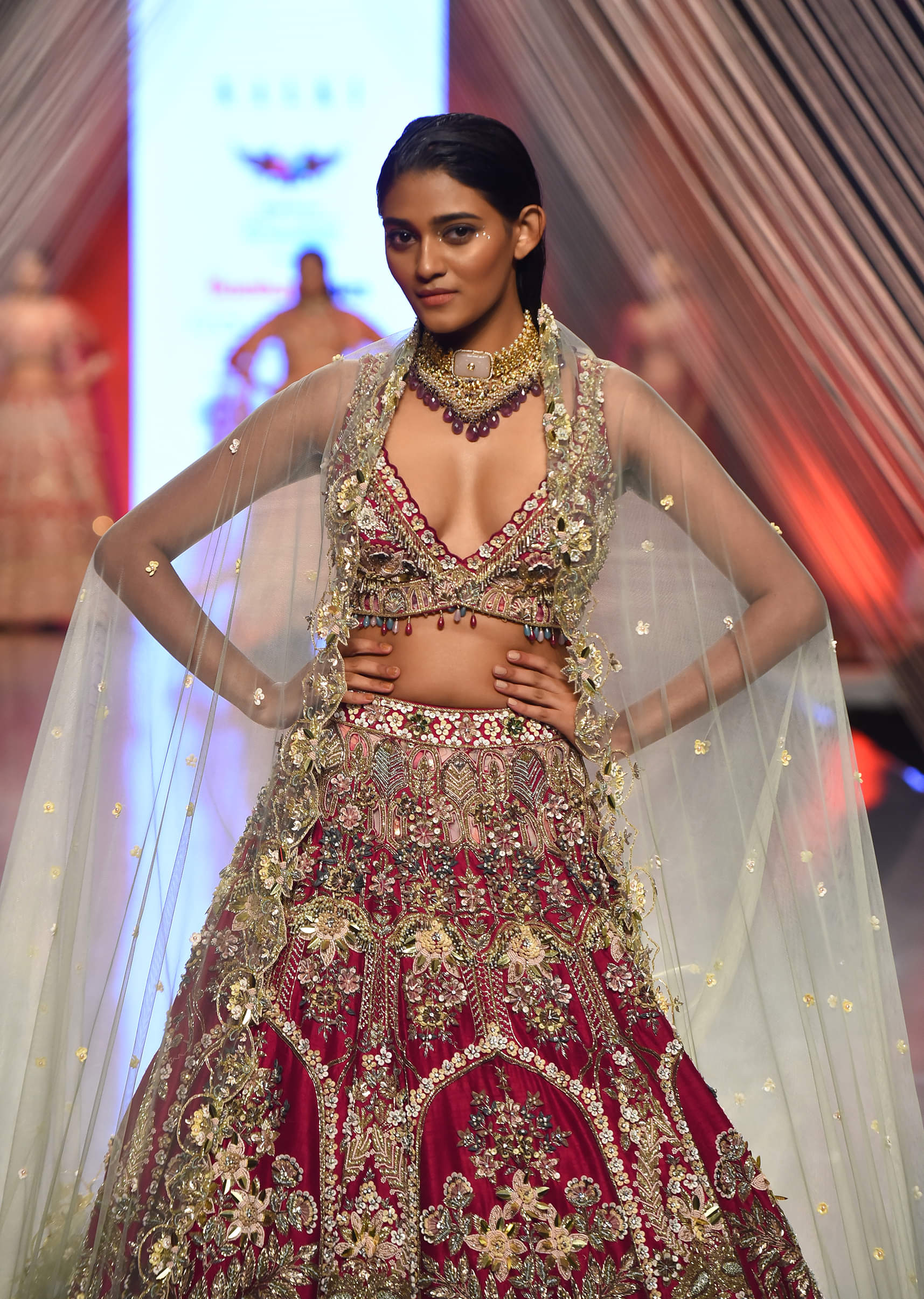 Cherry Red Lehenga - 3D Petal Motifs & Multi-Color Dupatta Cherry Red Lehenga - 3D Petal Motifs & Multi-Color Dupatta