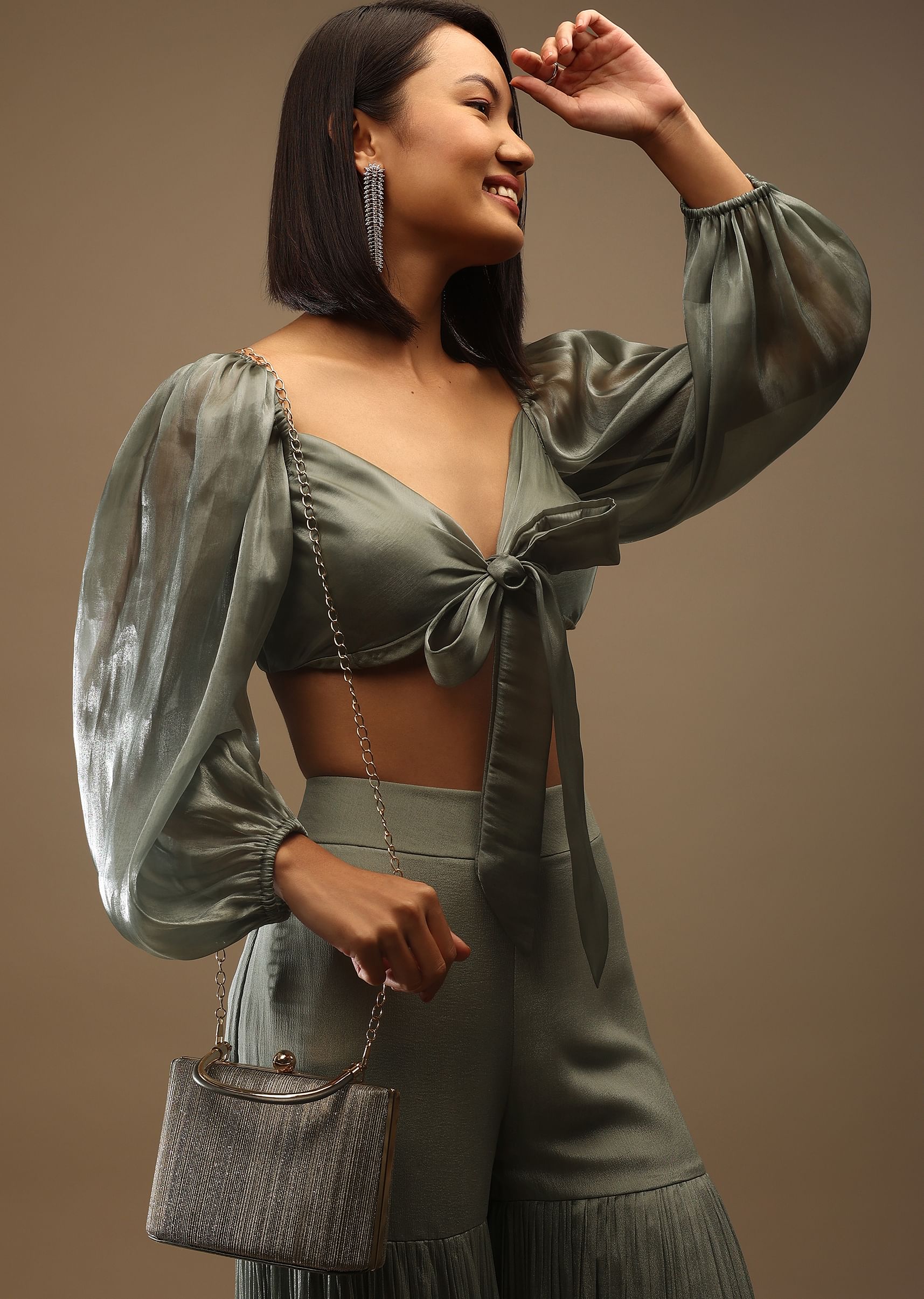 Buy Chinios Green Bow Tie Plunging V Neckline Blouse In