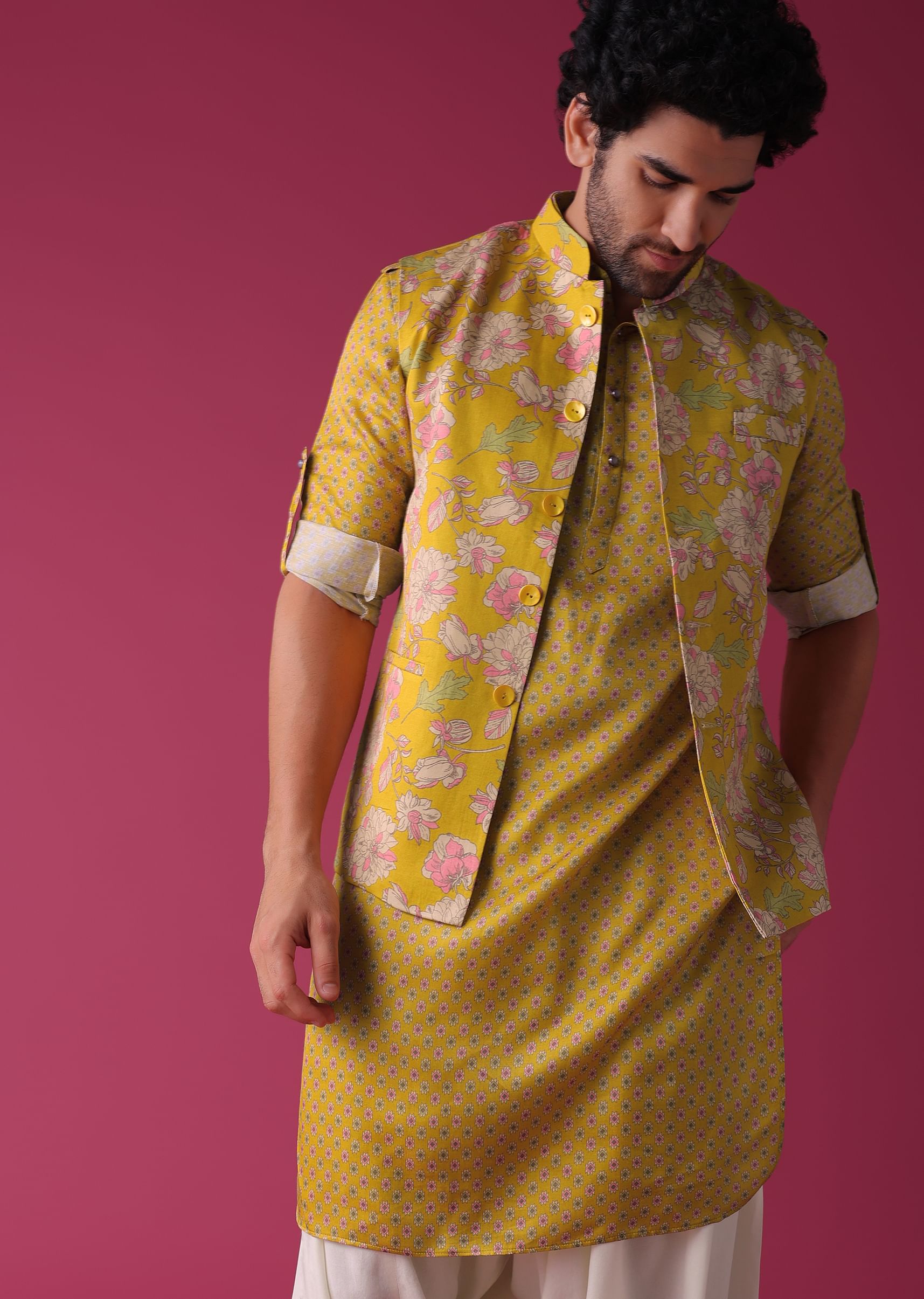 Buy Chrome Yellow Jacket Kurta Set In Linen With Floral Pattern KALKI Fashion India