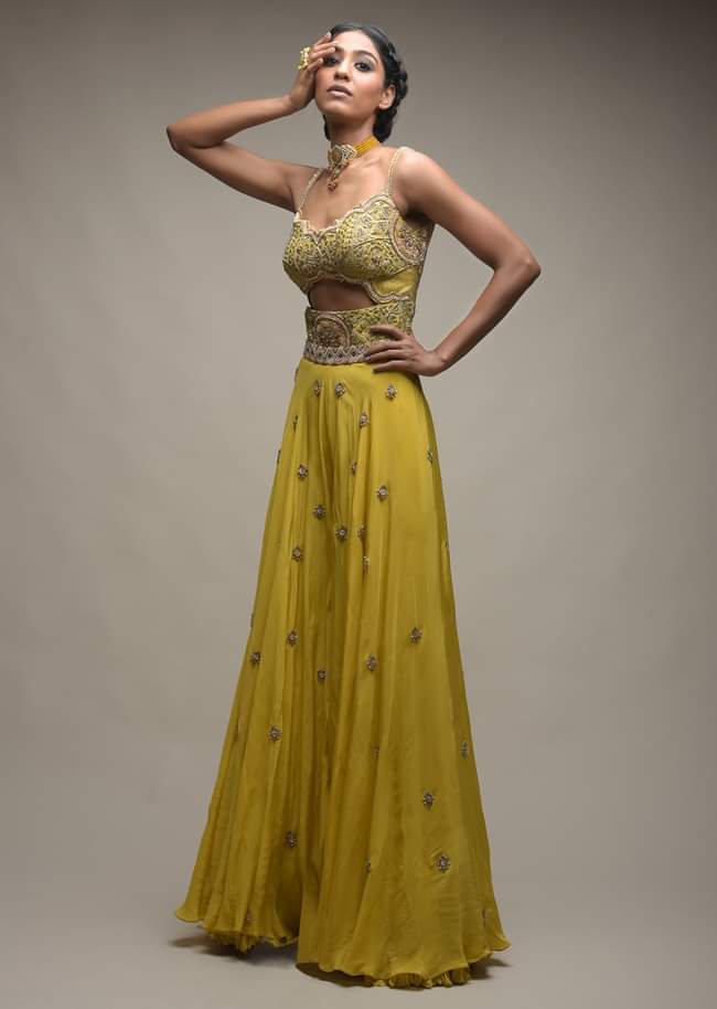 Citrus Jumpsuit In Crepe With Front Cut Out And Zardozi Embroidered Floral Jaal  