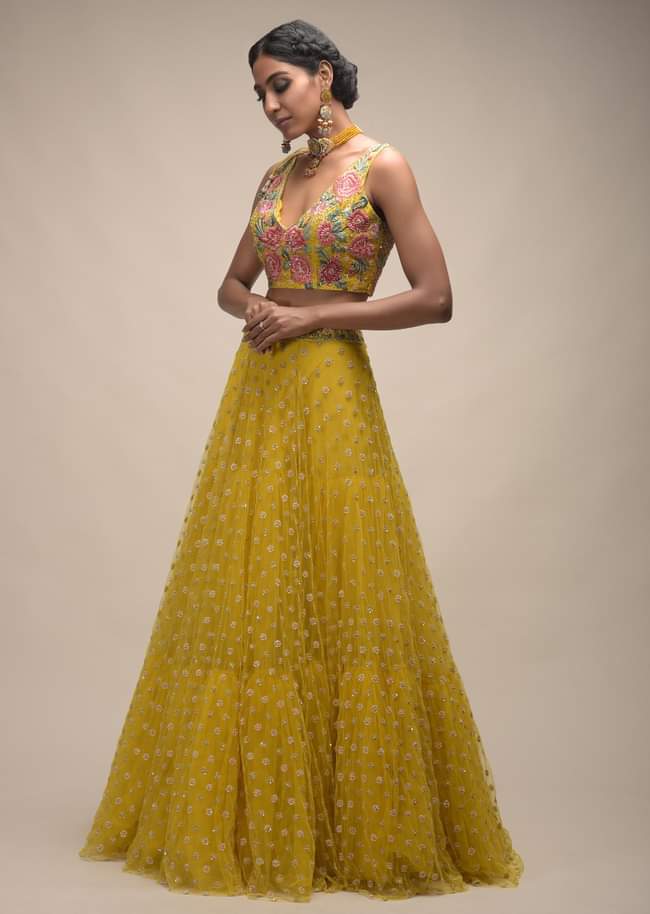Citrus Lehenga And Crop Top With Resham Embroidered Spring Blossoms 