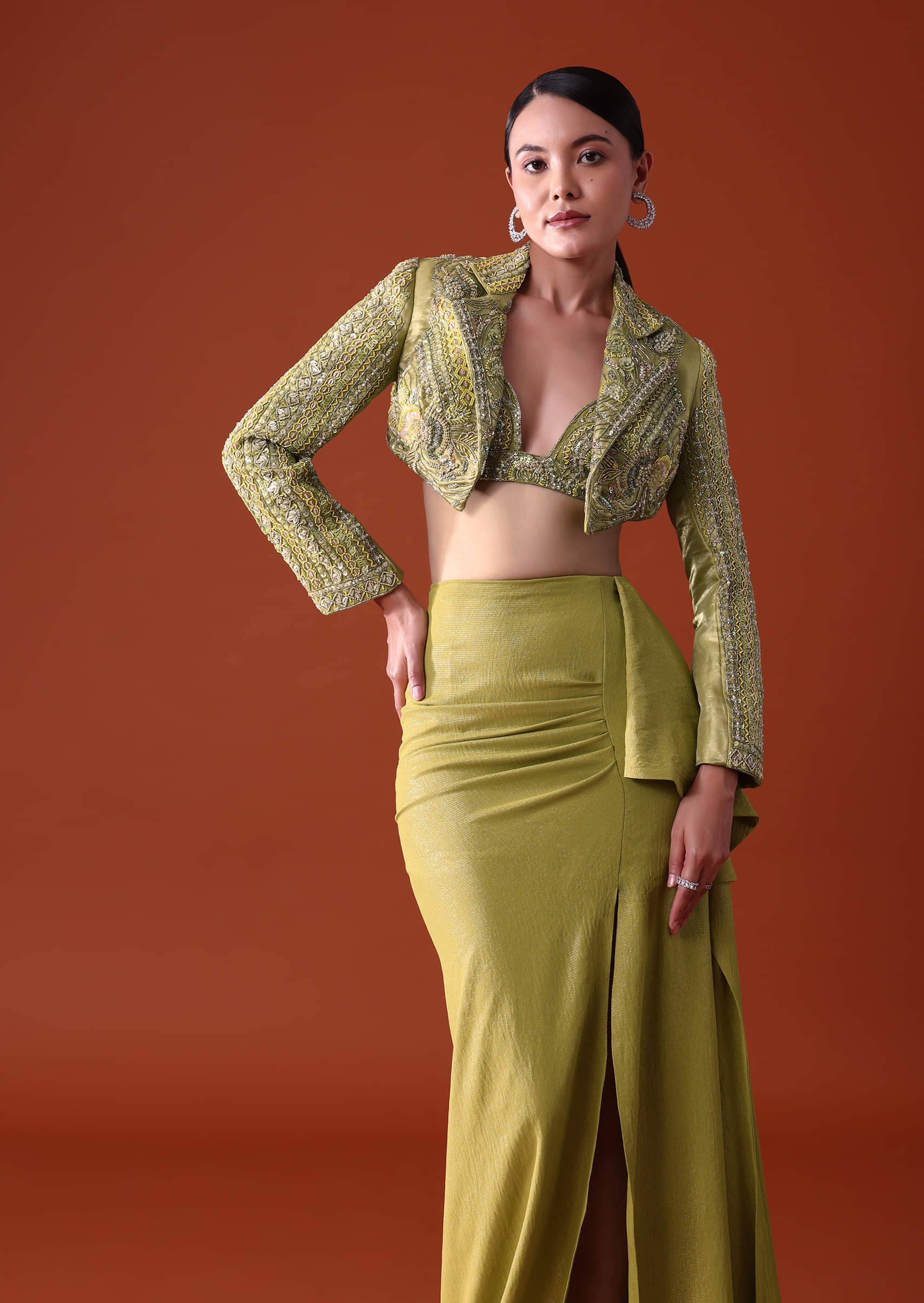 Buy Citrus Green Draped Slit Skirt With Embroidered Short Jacket | KALKI  Fashion India