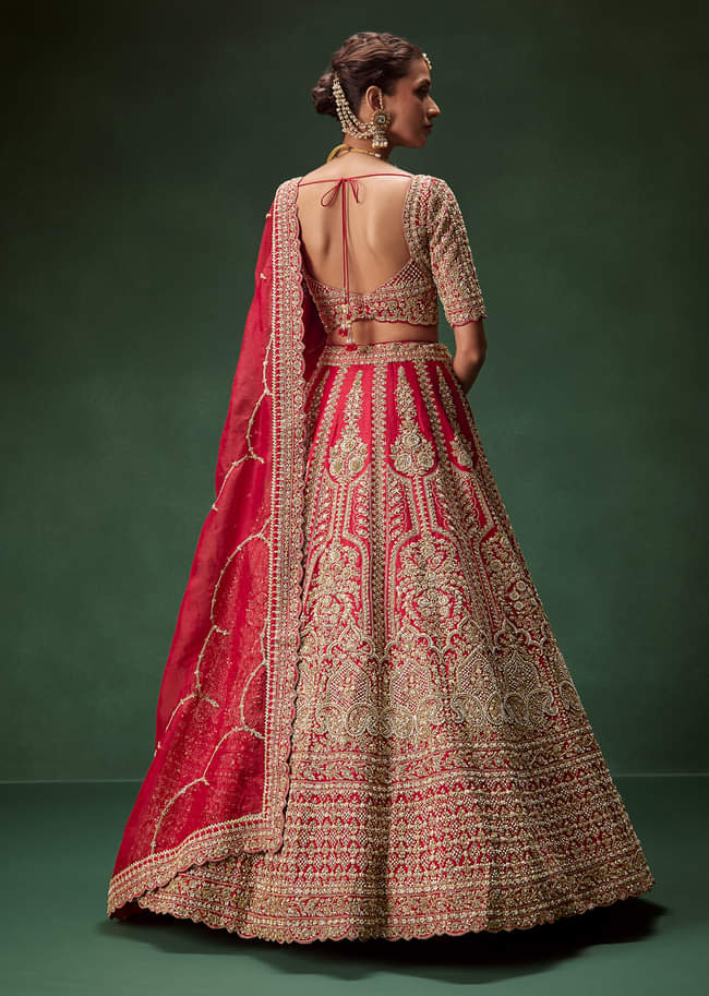 Classic Red Bridal Lehenga With All Over Zari And Dori Embroidery