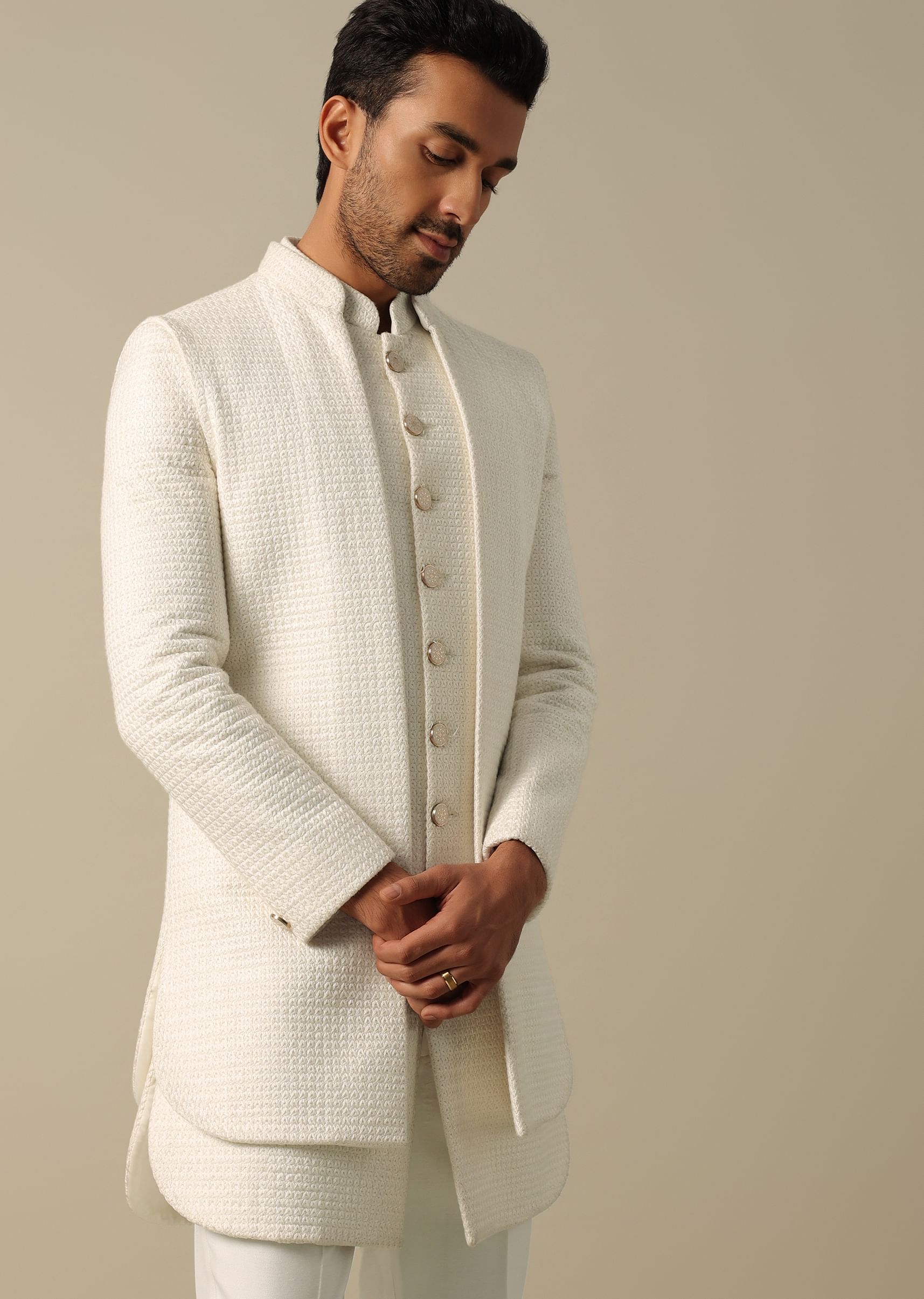 Buy Classic White Textured Indowestern Set