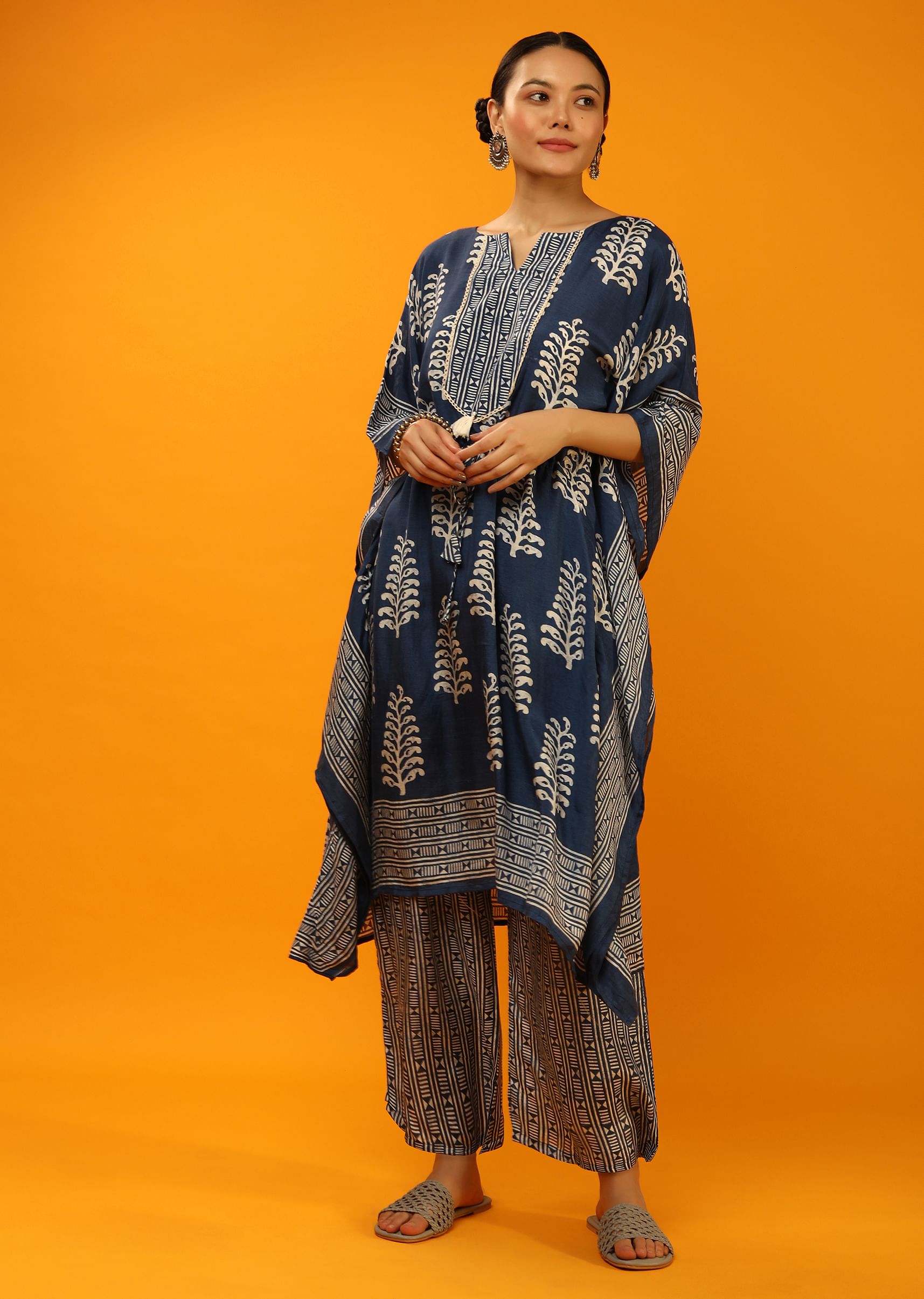 Buy Cobalt Blue Kaftan And Palazzo Set With Batik Print Online Re By KALKI Fashion Global
