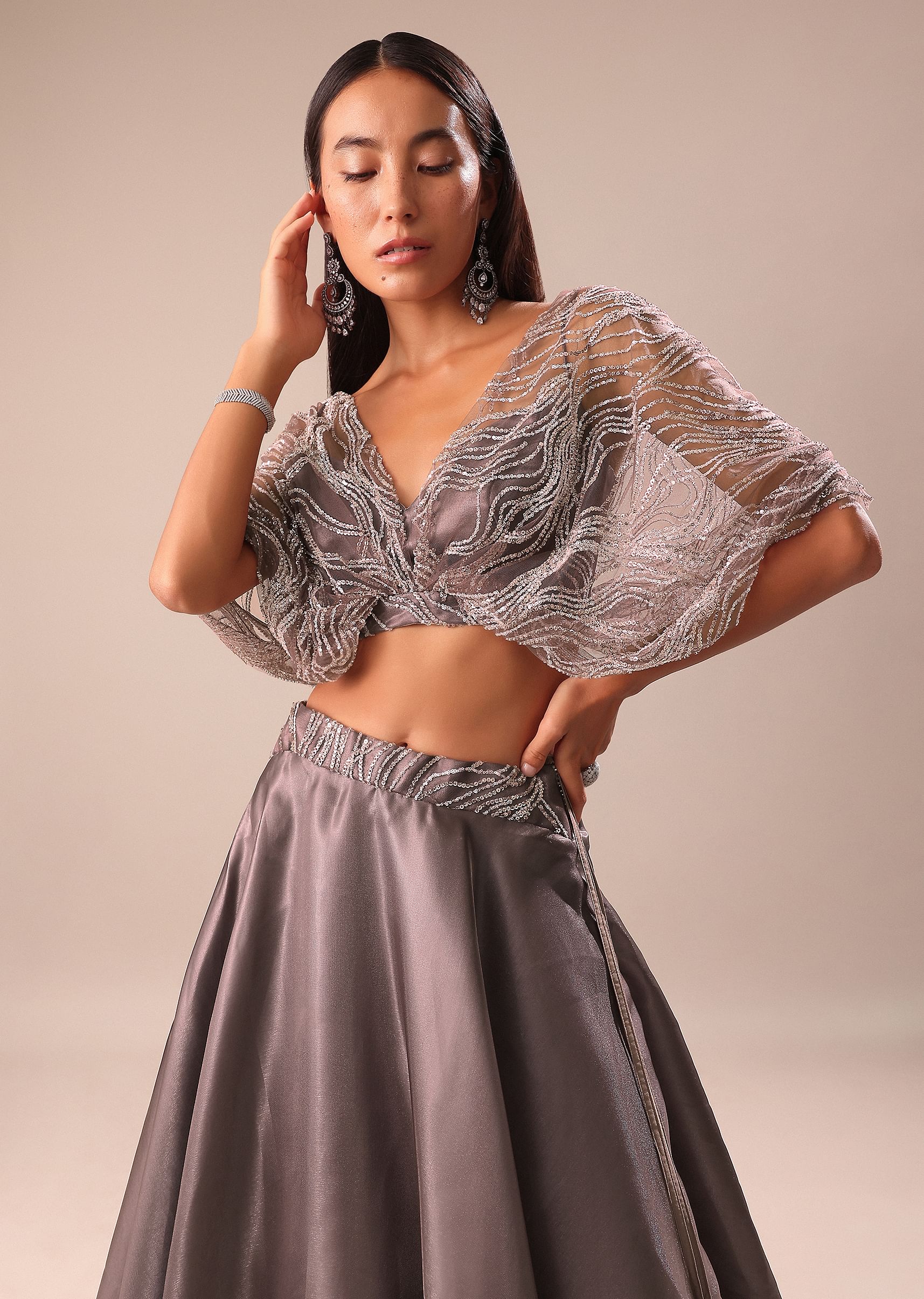 Buy Copper Crepe Skirt With Butterfly Blouse | Kalki Fashion