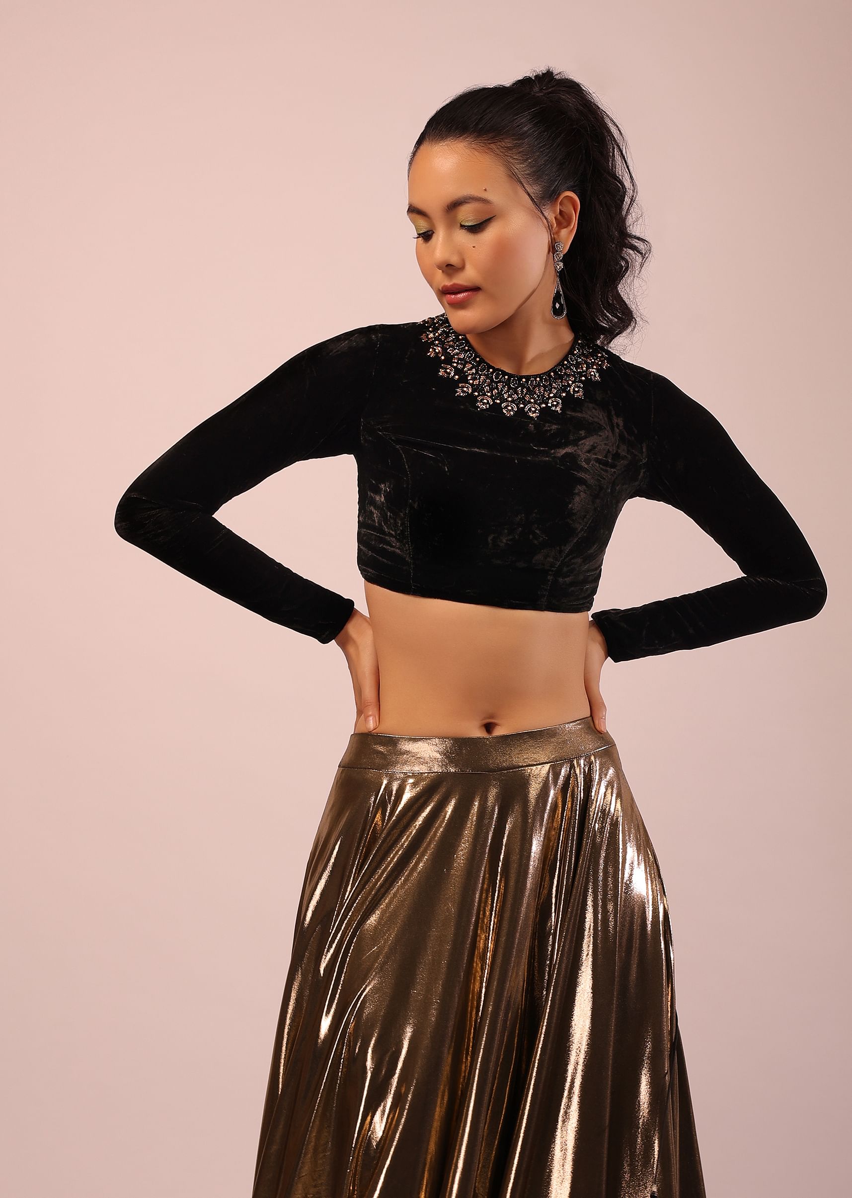 Buy Copper Metallic Skirt And Black Velvet Crop Top Set With Criss Cross Tie Up On The Back