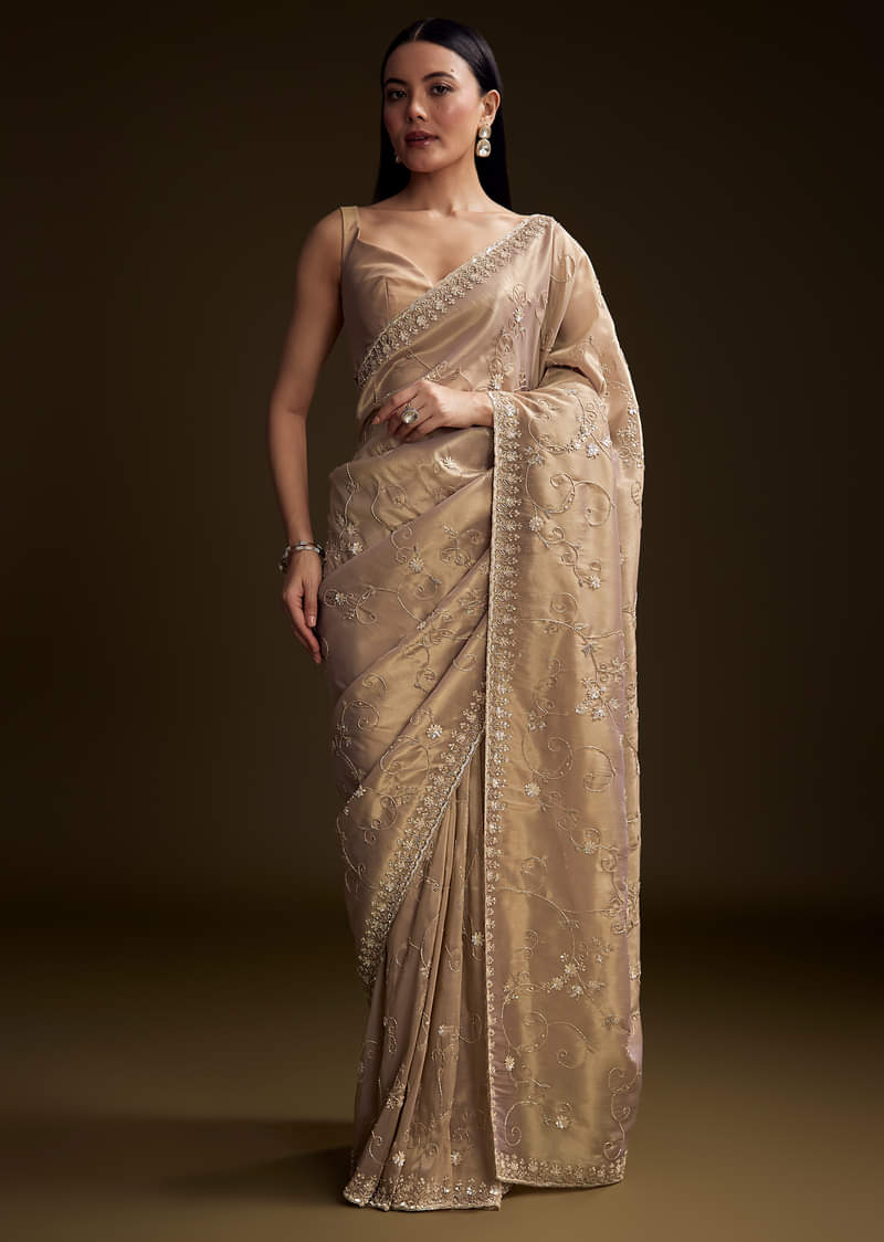Copper Tissue Saree With Heavy Floral Hand Embroidery