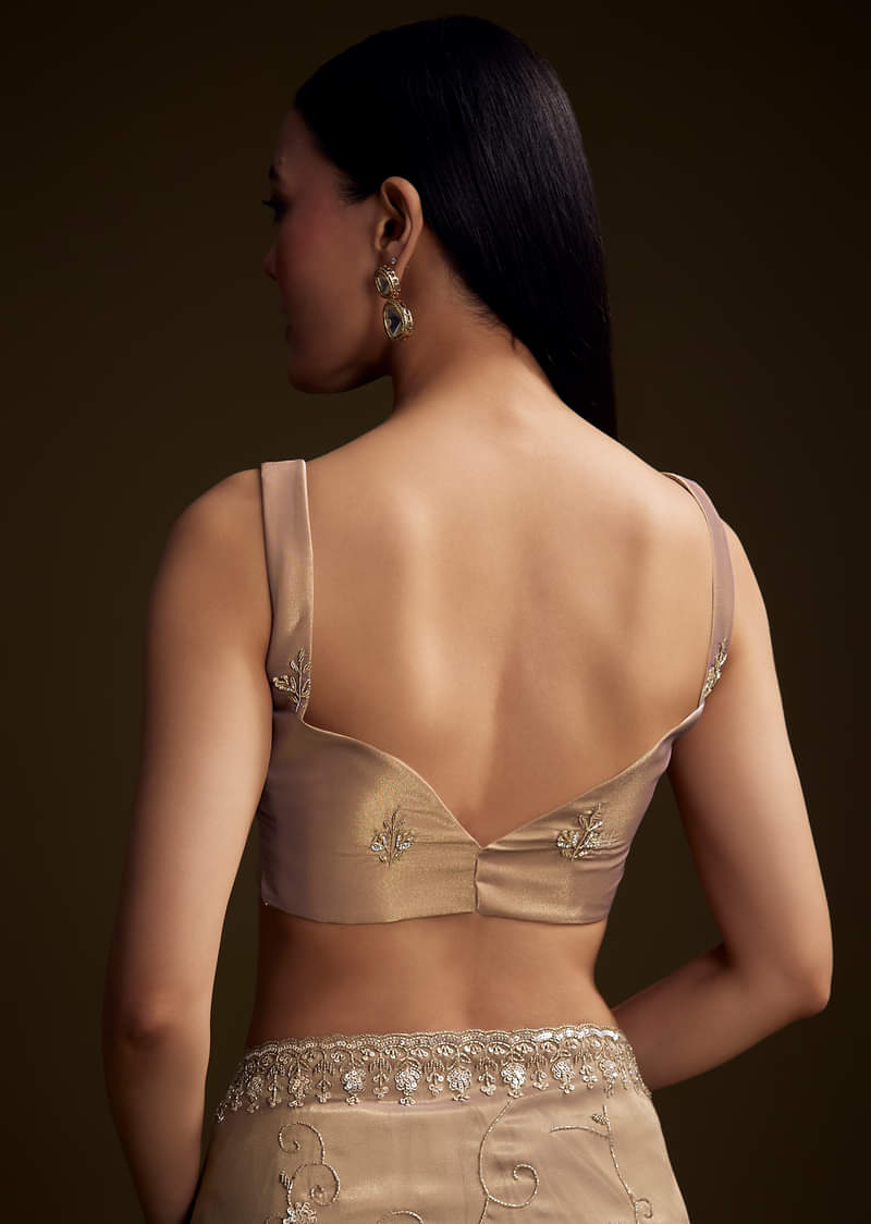 Copper Tissue Saree With Heavy Floral Hand Embroidery