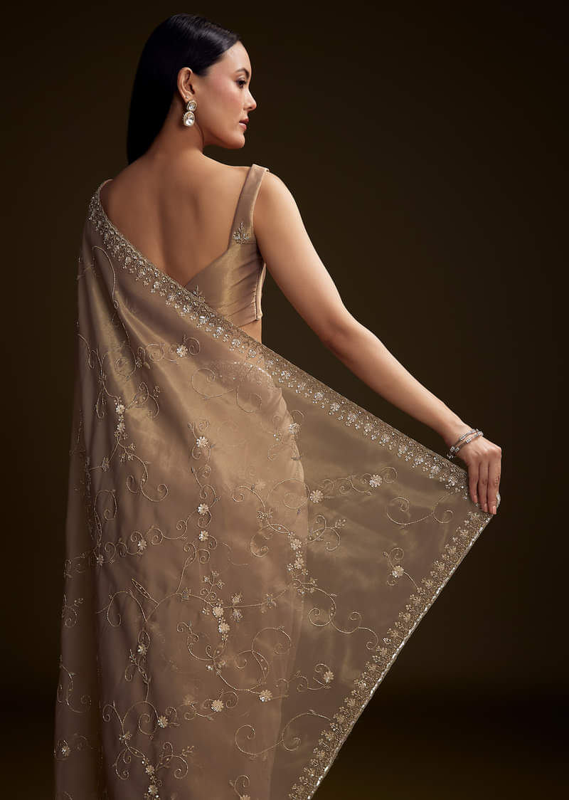 Copper Tissue Saree With Heavy Floral Hand Embroidery