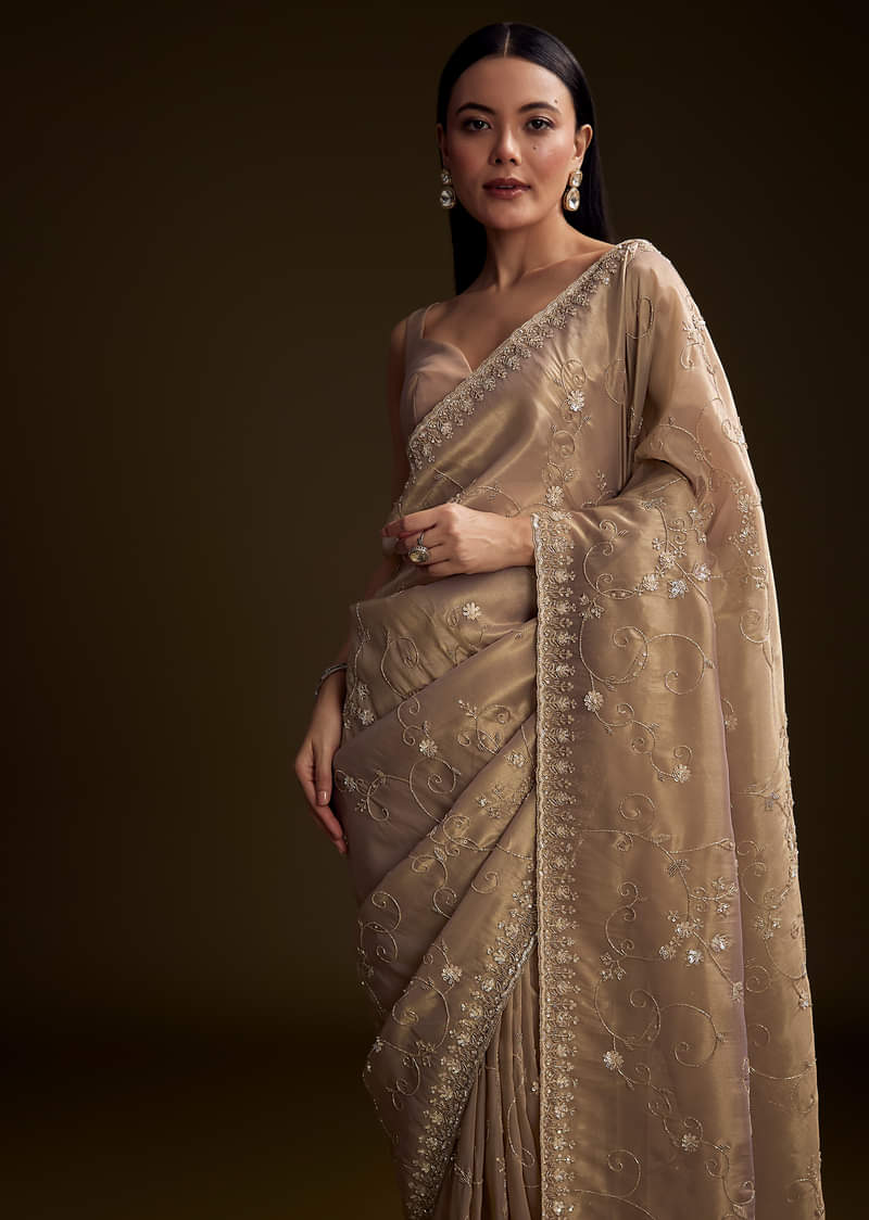 Copper Tissue Saree With Heavy Floral Hand Embroidery