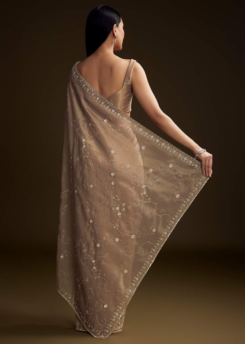 Copper Tissue Saree With Heavy Floral Hand Embroidery